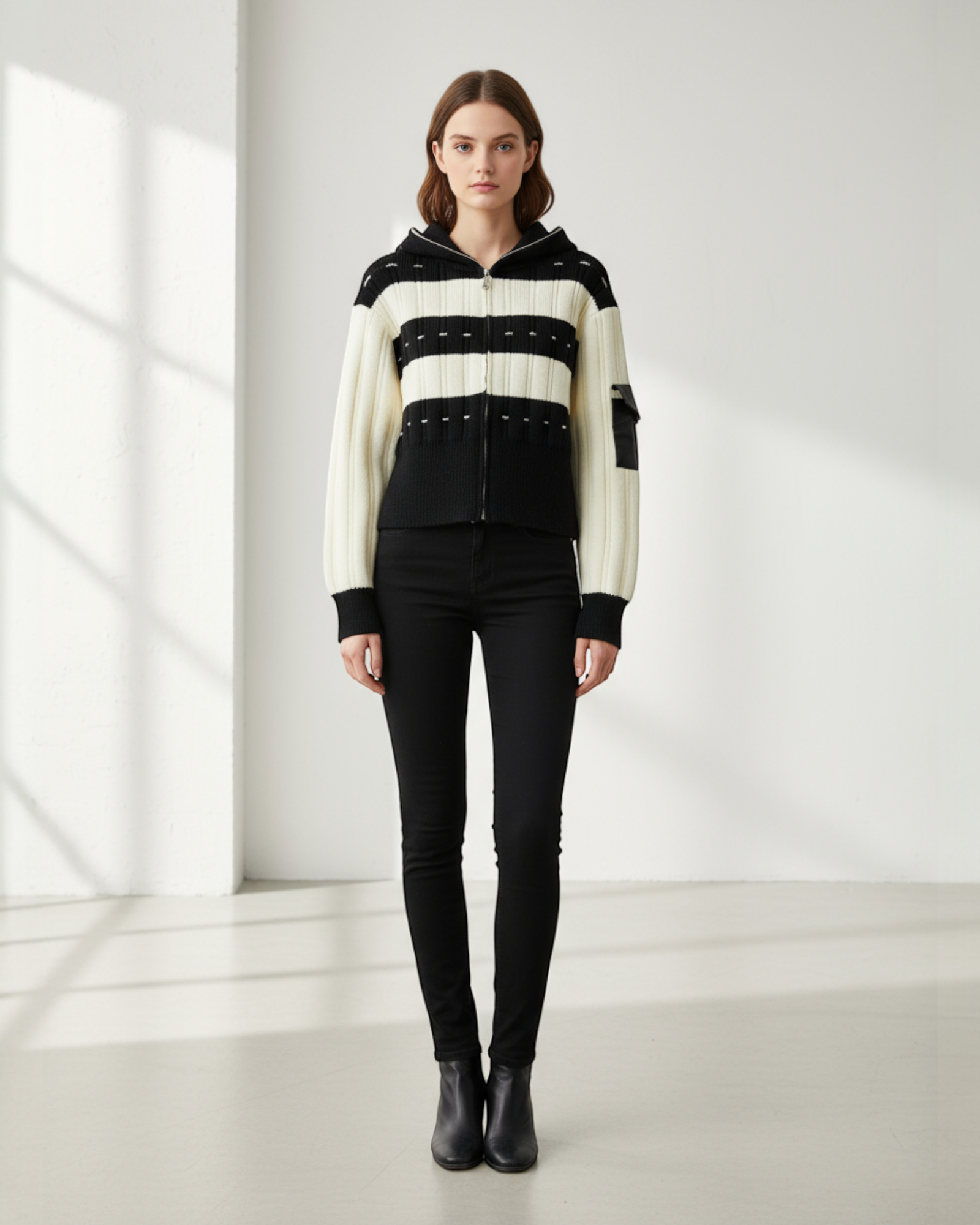Contrast Striped Knit Zip-Up Sweater