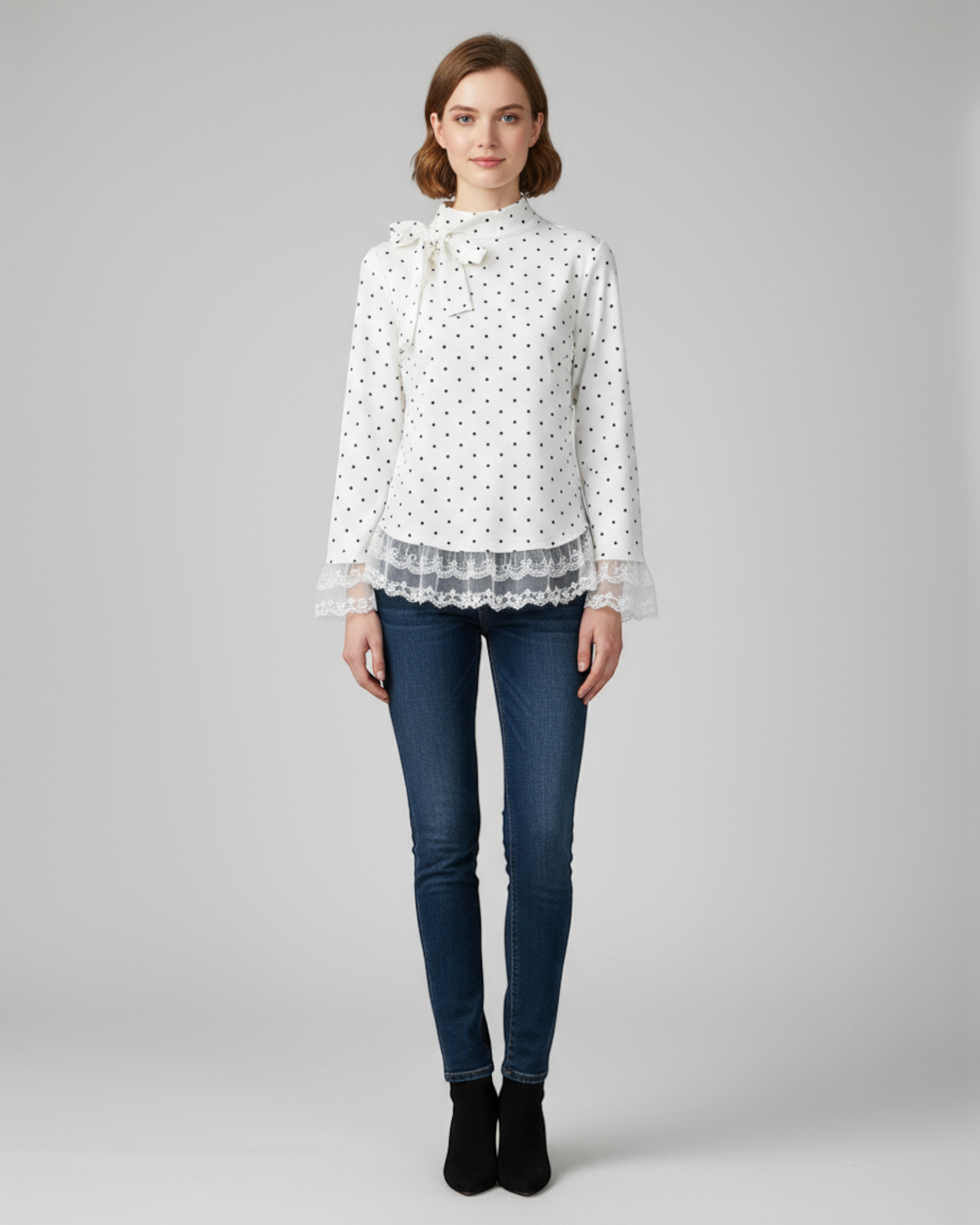 Polka Dot Lace Trim Top with Bow Detail