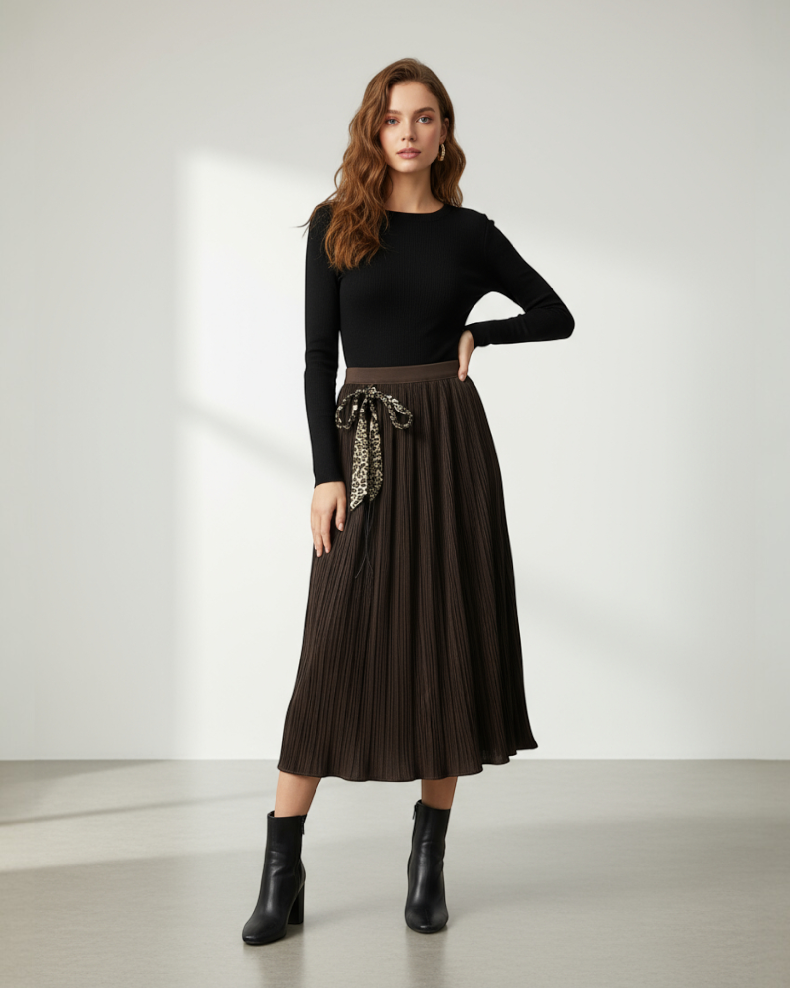 Pleated Maxi Skirt with Leopard Tie