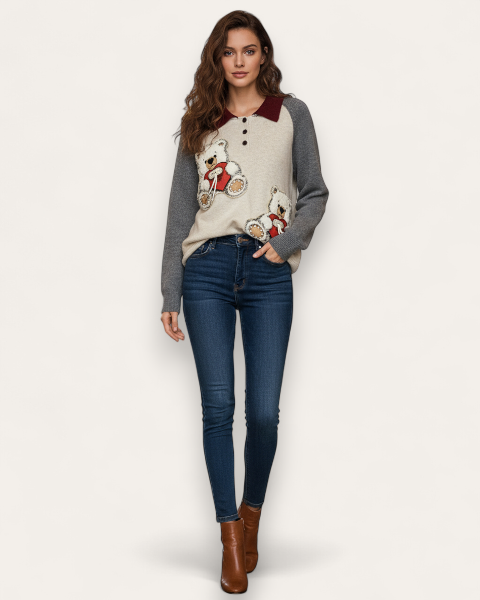 Teddy Patchwork Collared Knit Pullover