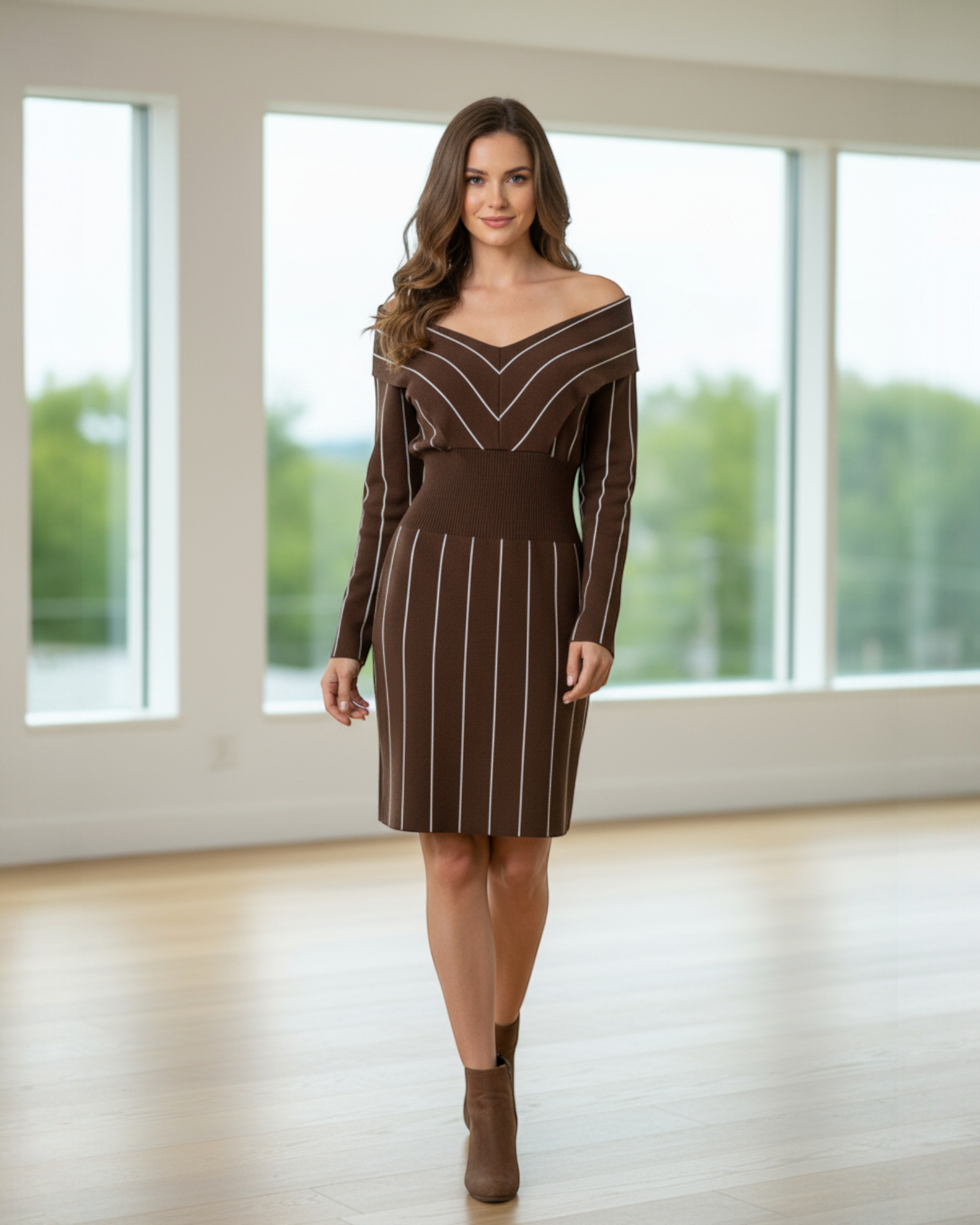 Deep V Striped Knit Midi Dress