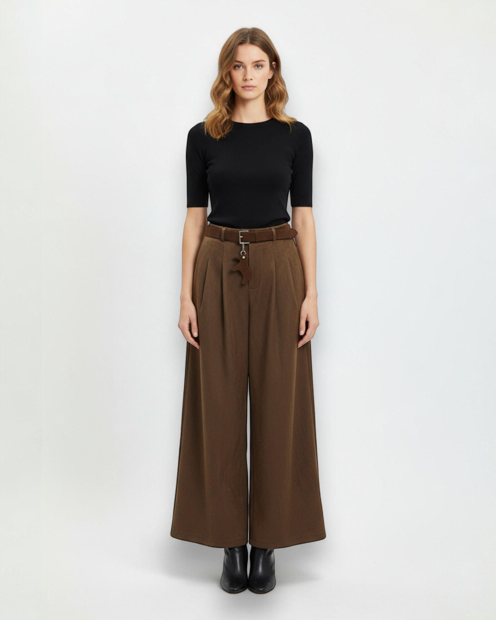 Belted Faux Suede Wide-Leg Pants