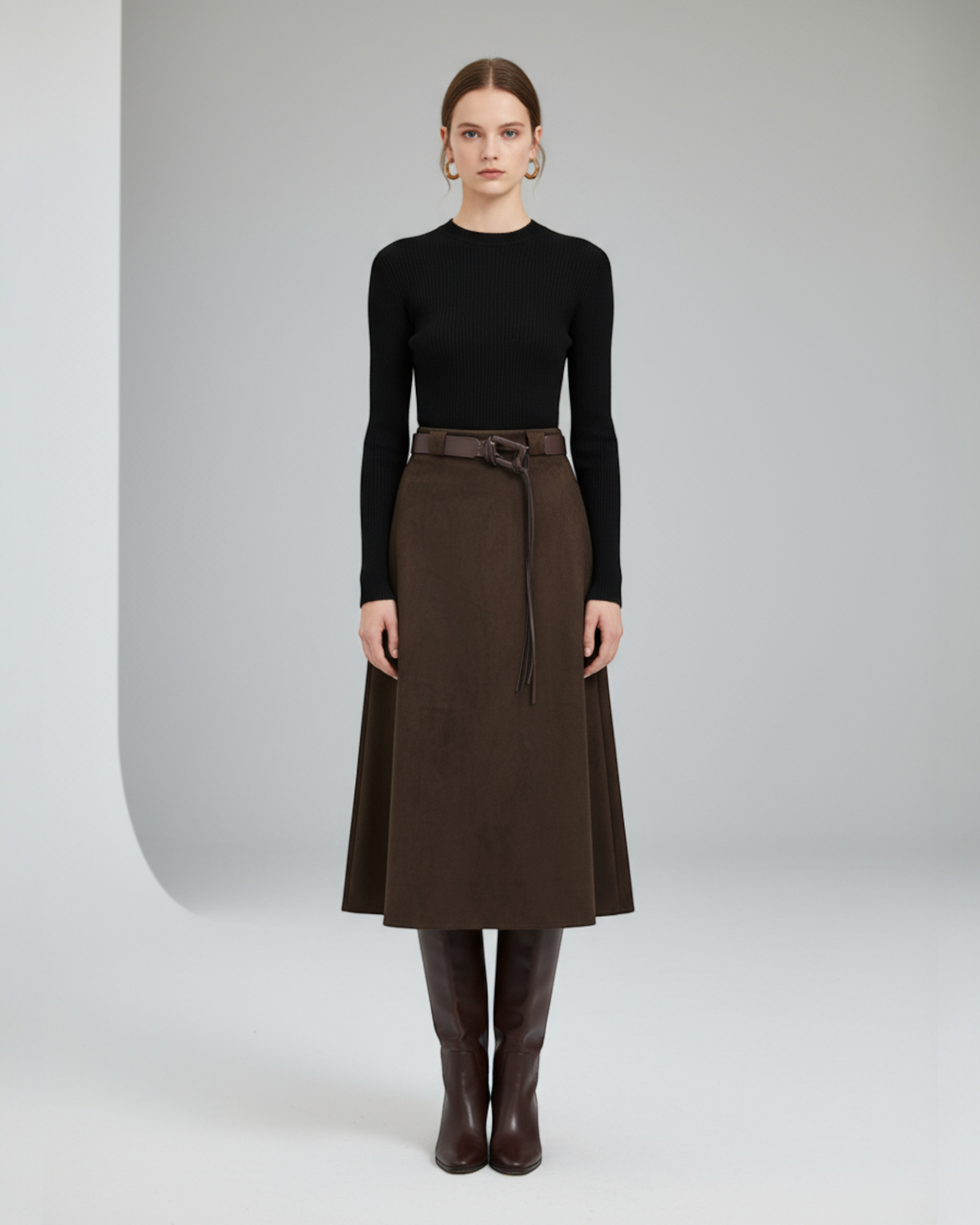 Belted High-Waist Flared Maxi Skirt