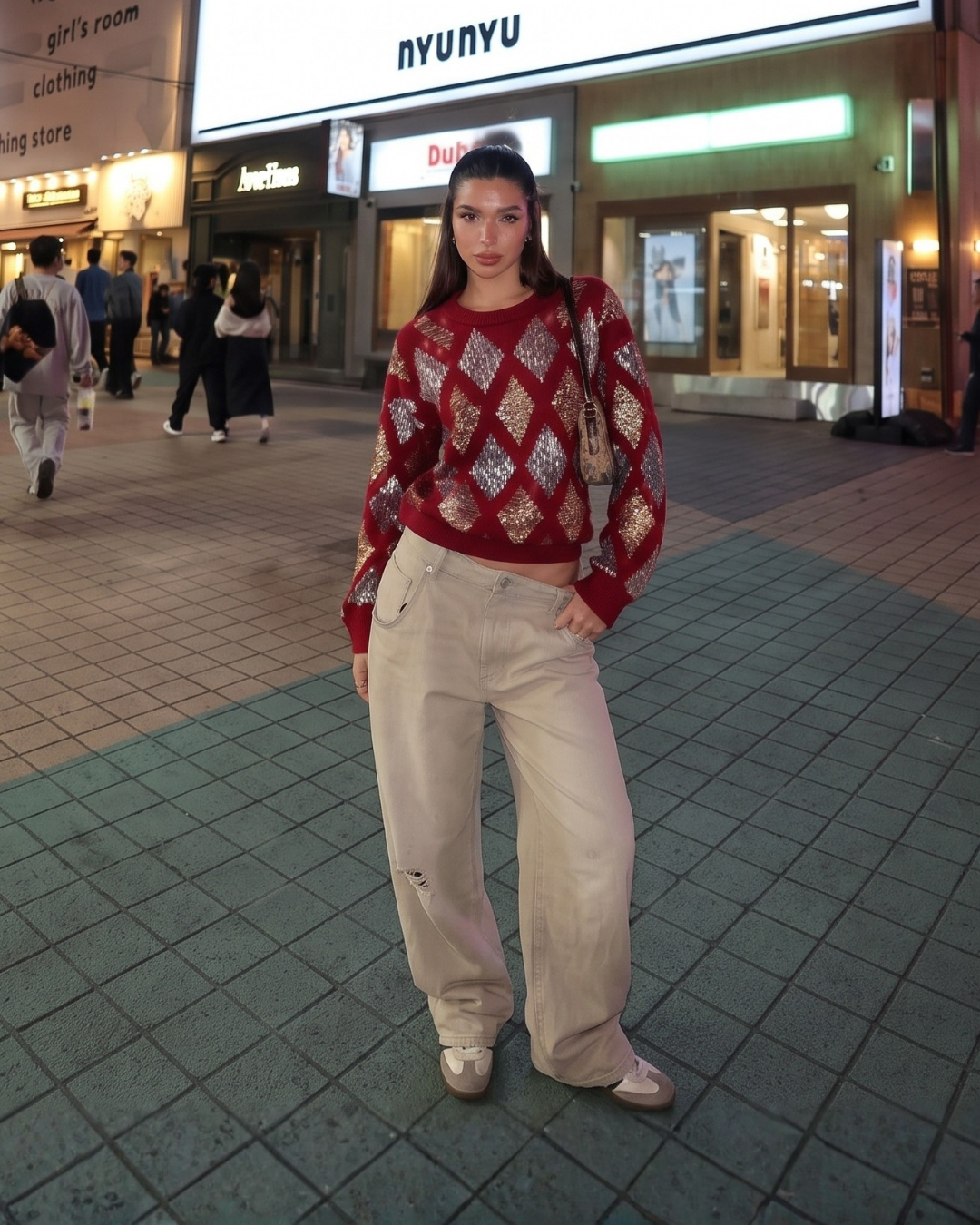 Sequin Argyle Knit Sweater