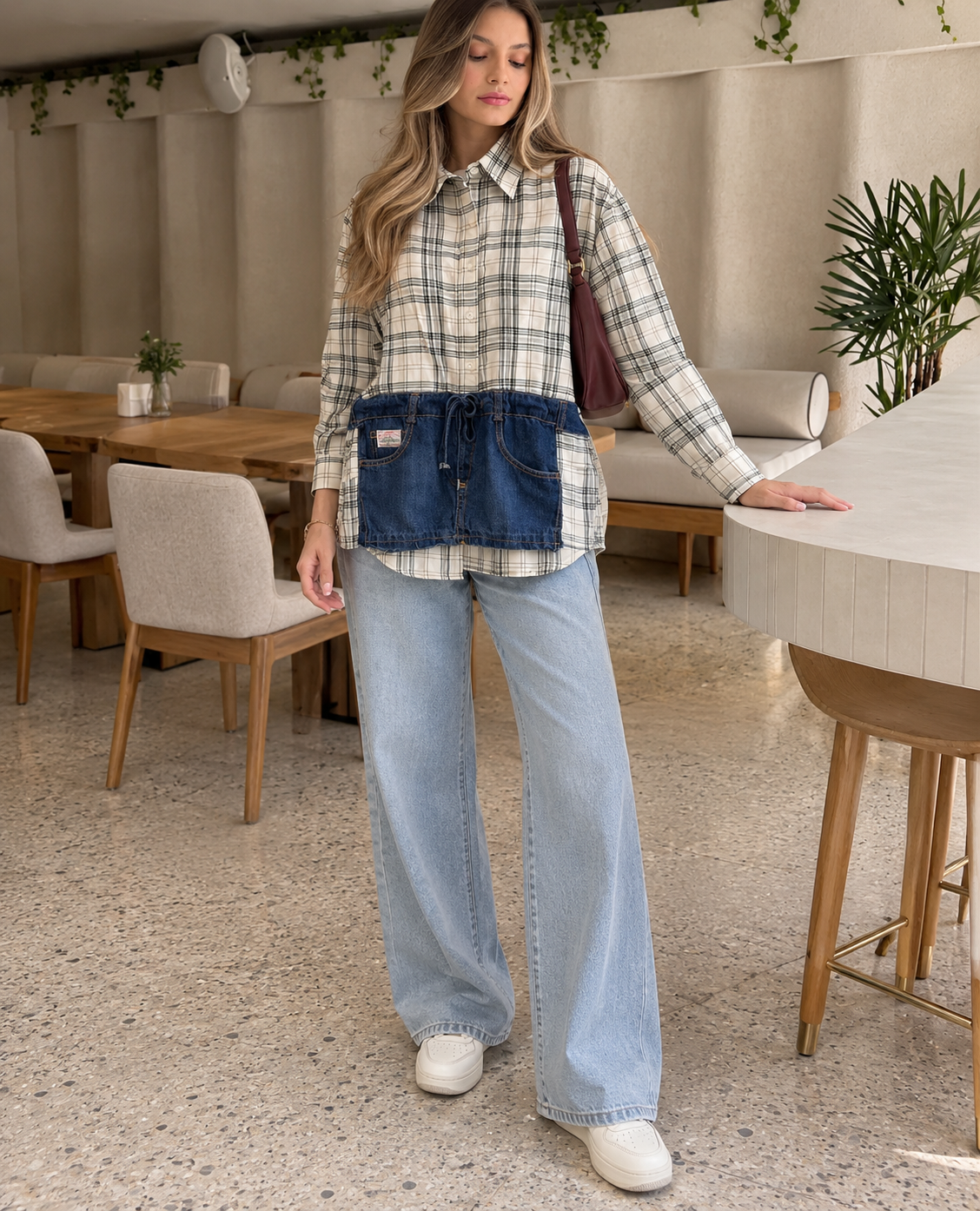 Plaid Shirt with Denim Pocket Panel