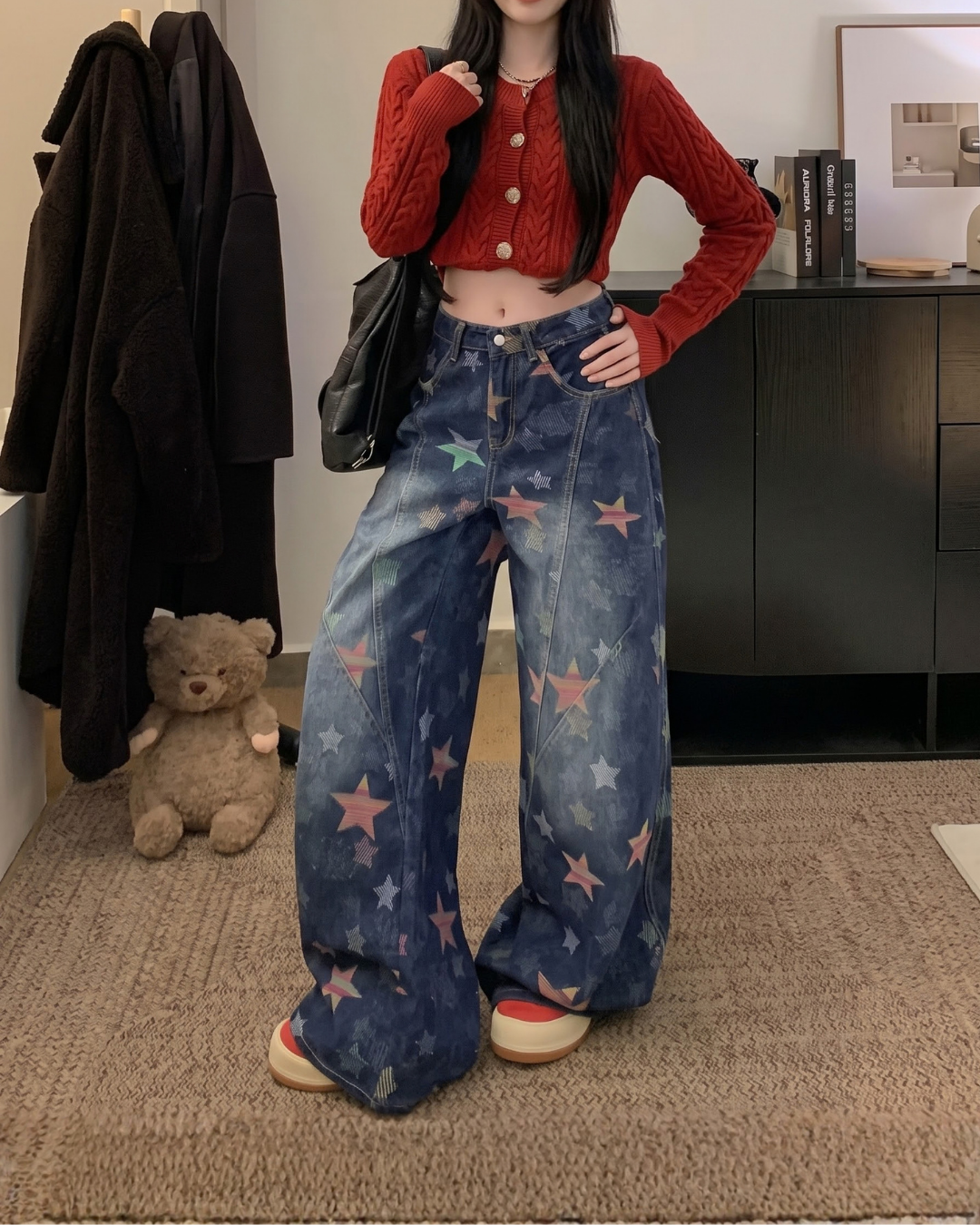 Vintage Star Print Wide-Leg Jeans