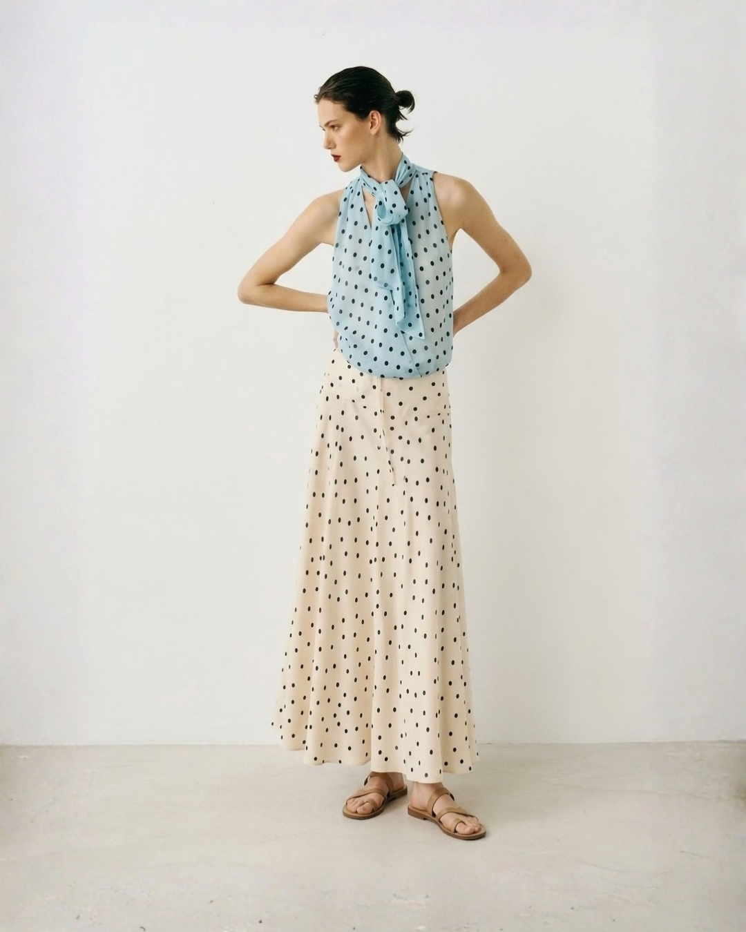 Polka Dot Tie-Neck Sleeveless Blouse