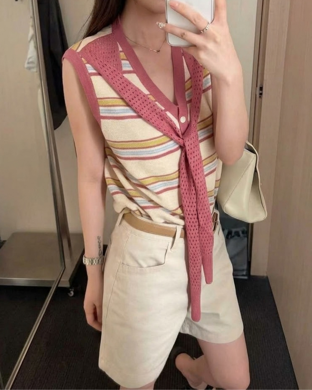 Coastal Stripe Knit Tank with Scarf Detail
