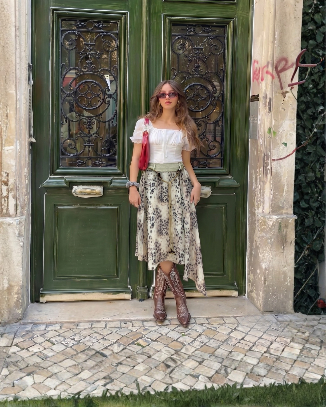 Leopard Print Tie-Waist Midi Skirt