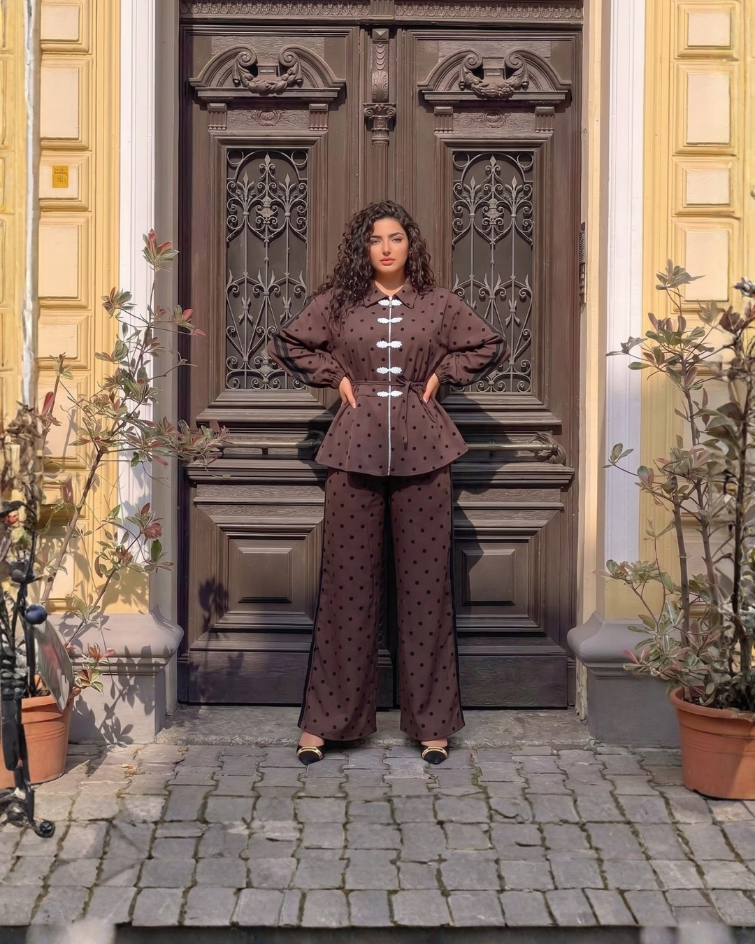 Polka Dot Belted Top & Wide-Leg Pants Set