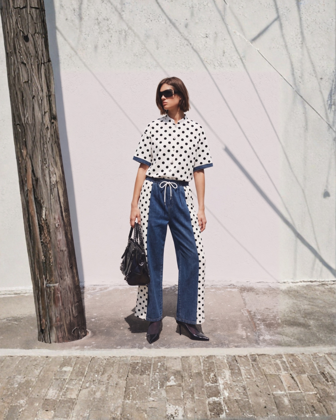 Polka Dot Top & Contrast Denim Pants Set