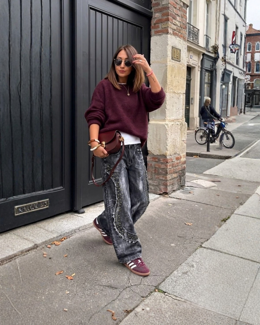 Studded Curved Panel Wide Leg Jeans