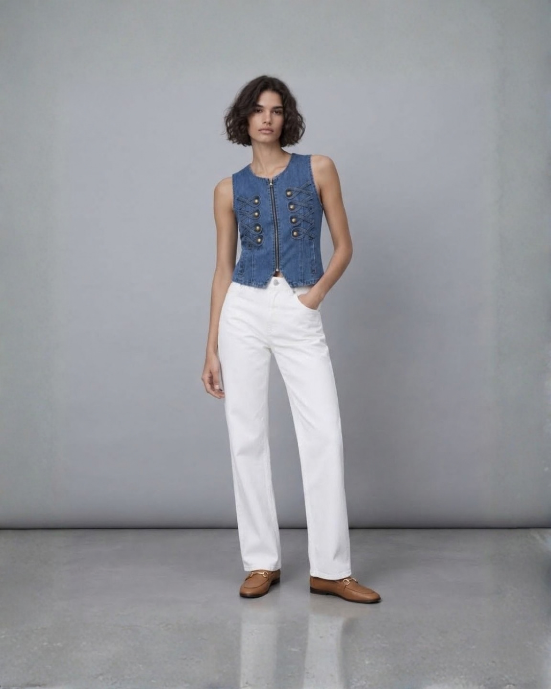 Decorative Trim Zip-Up Vest