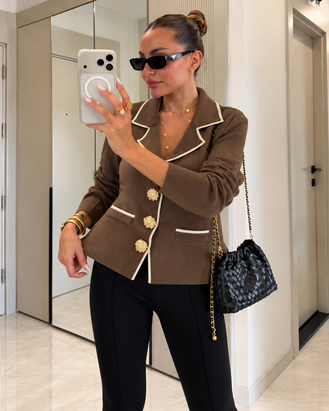 Contrast Trim Jewel Button Cardigan