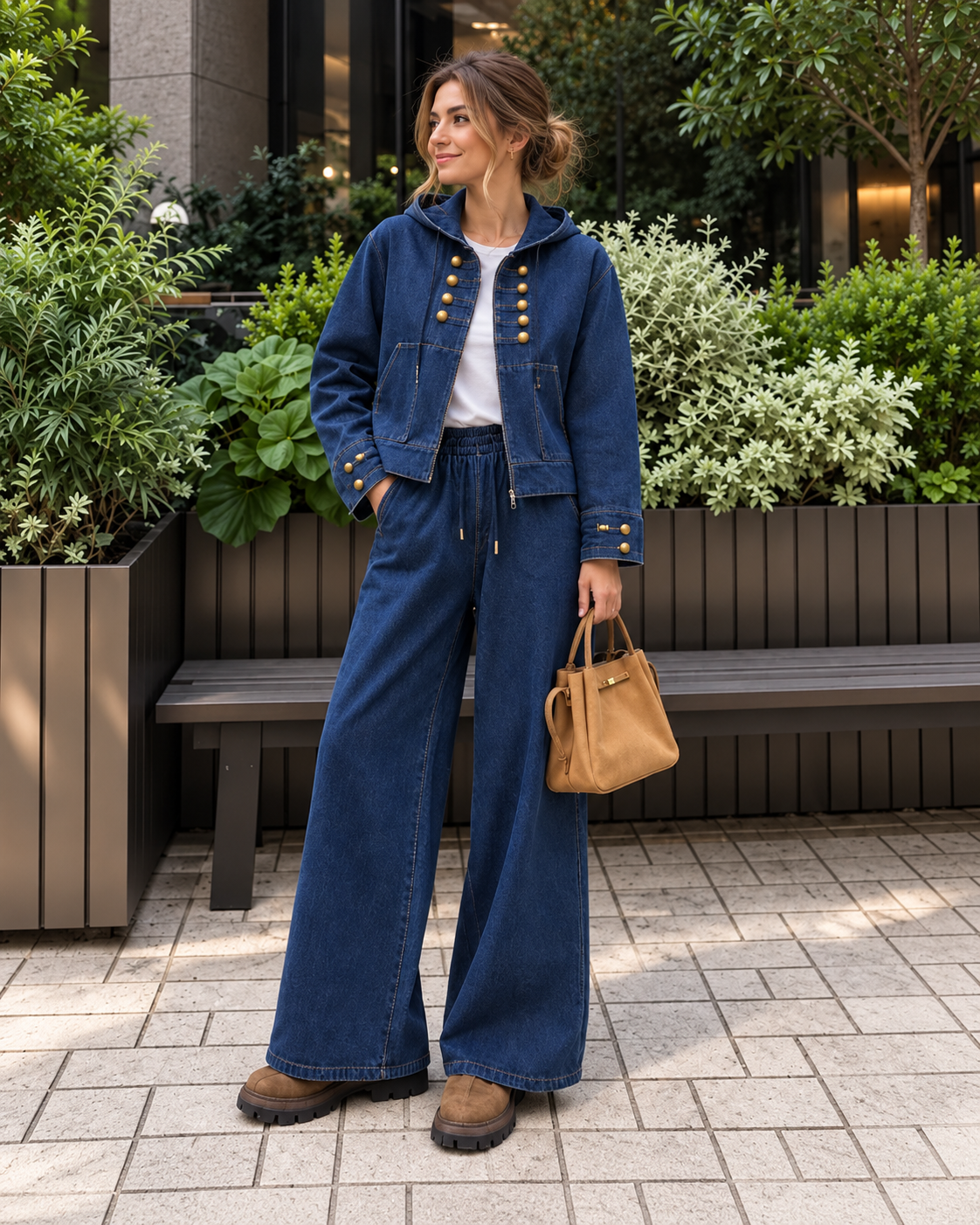 Military Button Hooded Denim Set