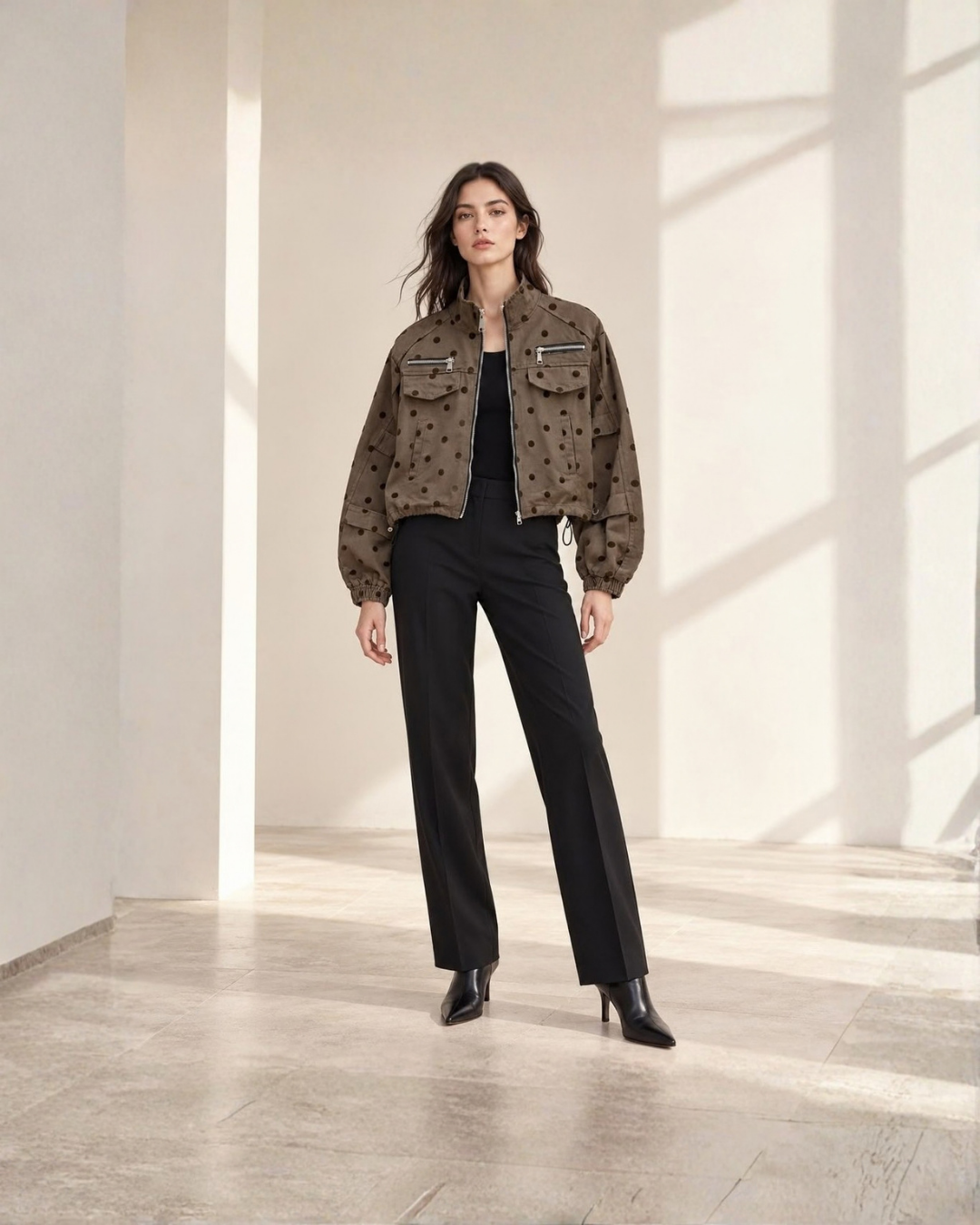 Polka Dot Utility Zip Jacket