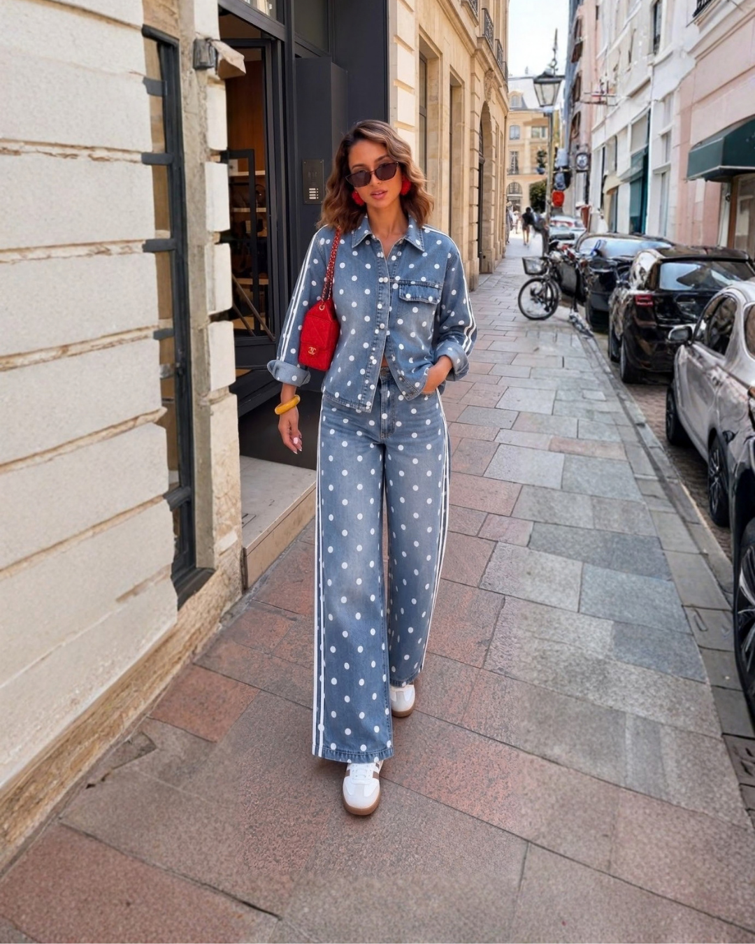 Polka Dot Denim Shirt & Wide-Leg Pant Set