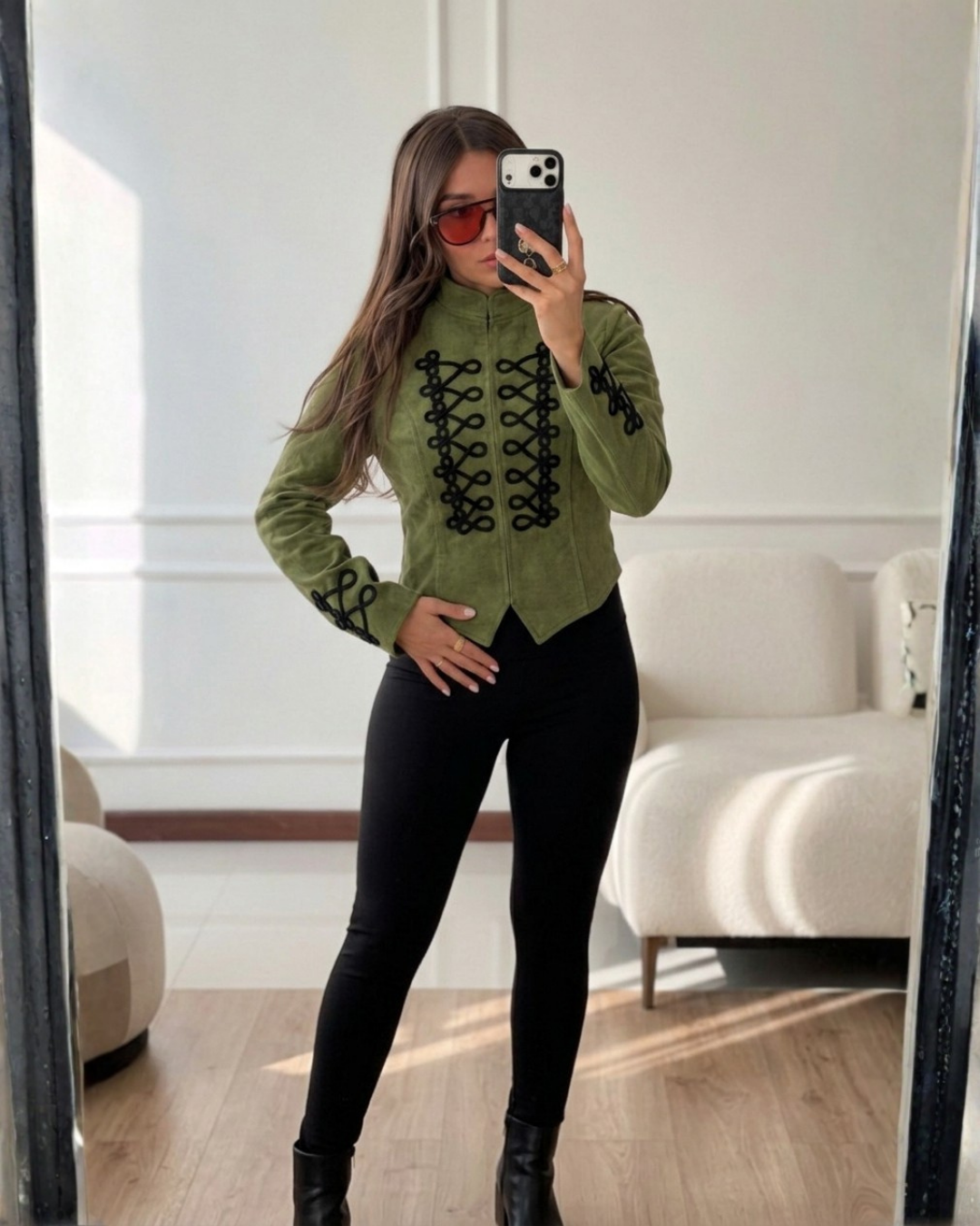 Faux Suede Military Trim Jacket