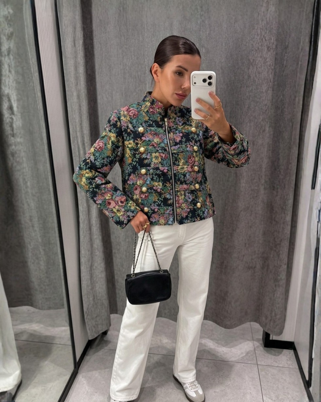 Floral Jacquard Military Zip Jacket