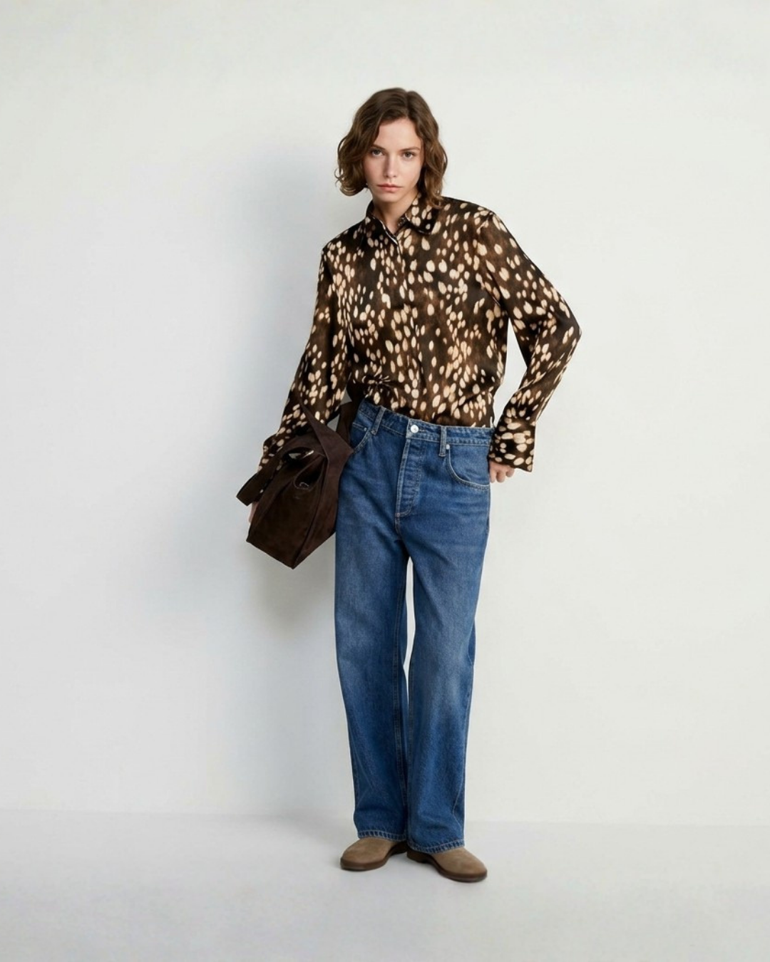 Sheer Spot Print Button-Up Blouse