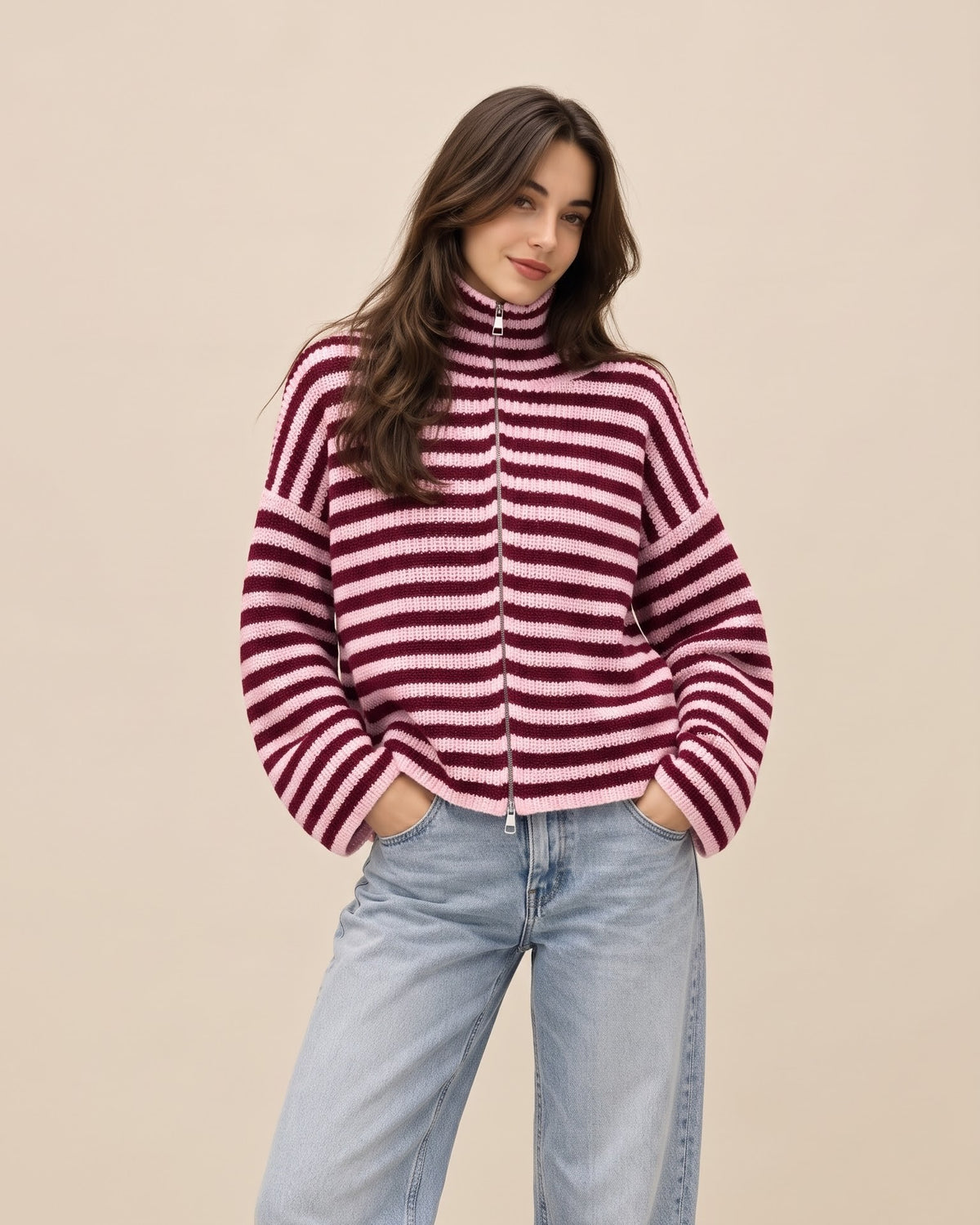 Retro Stripe Zip-Up Knit Jacket