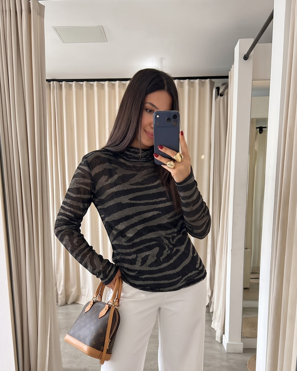 After Hours Zebra Rhinestone Mesh Top