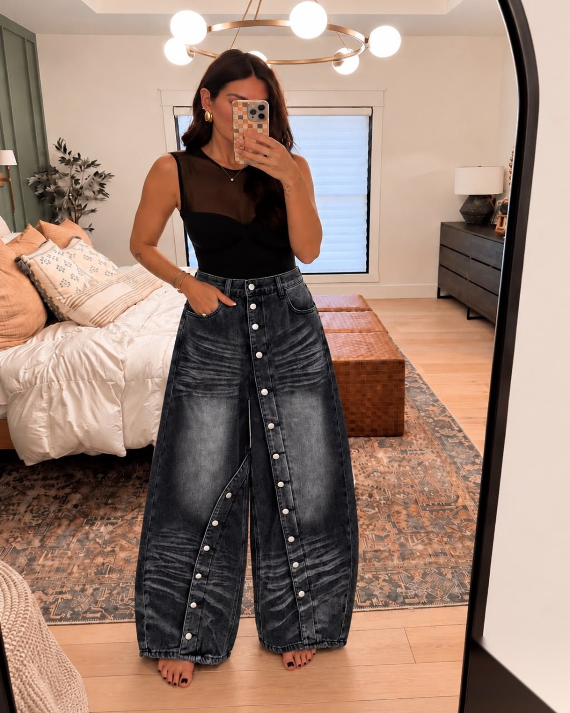 Asymmetrical Button Barrel Jeans
