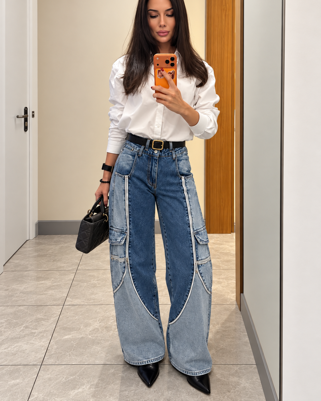 Zip Panel Cargo Barrel Jeans