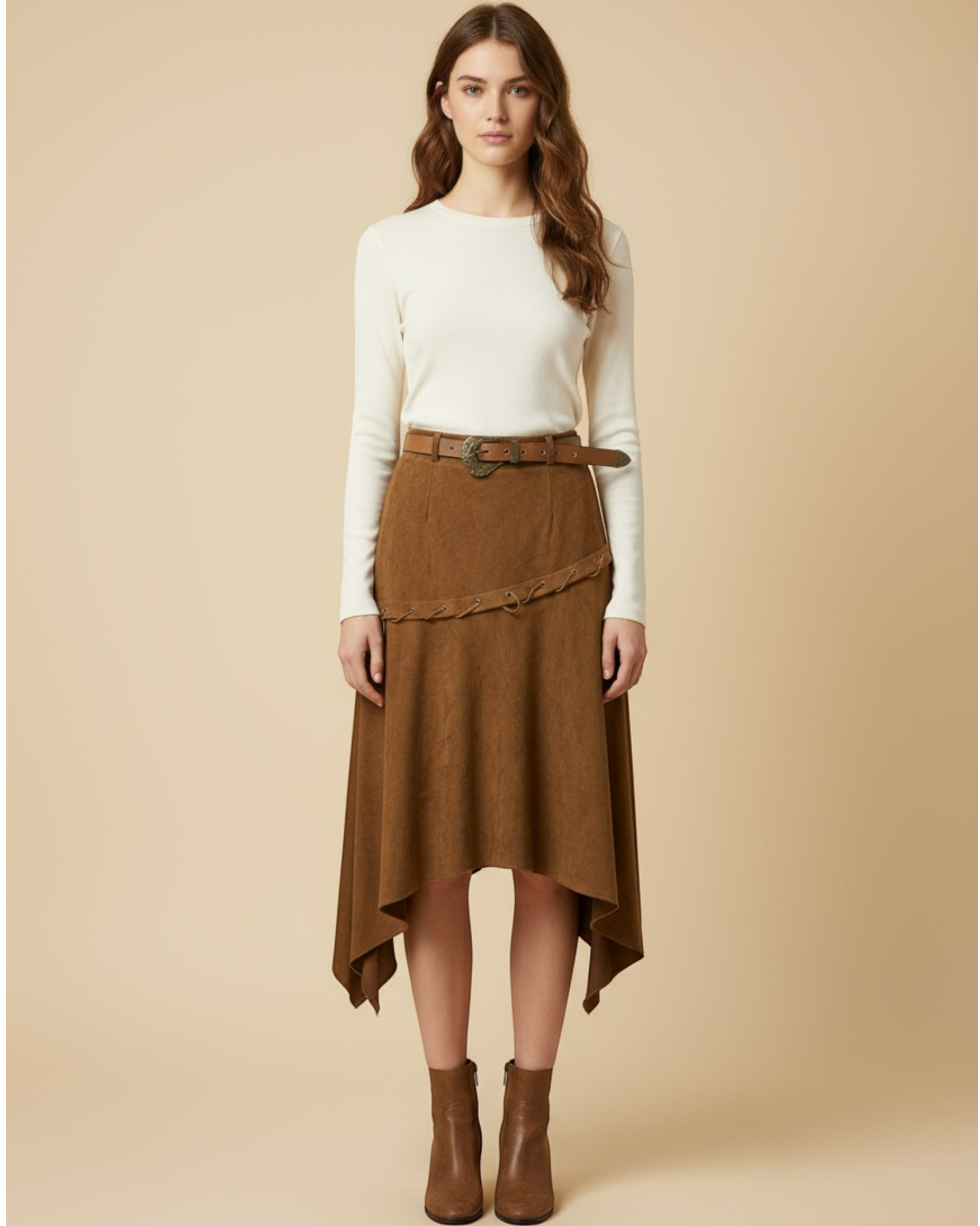 Asymmetric Belted Midi Skirt
