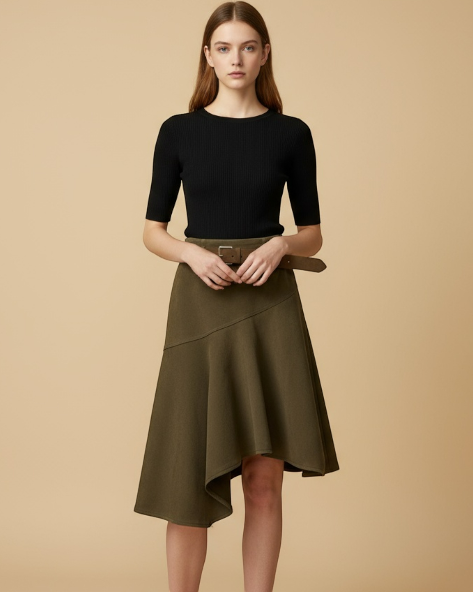 Asymmetric Suede Belted Skirt