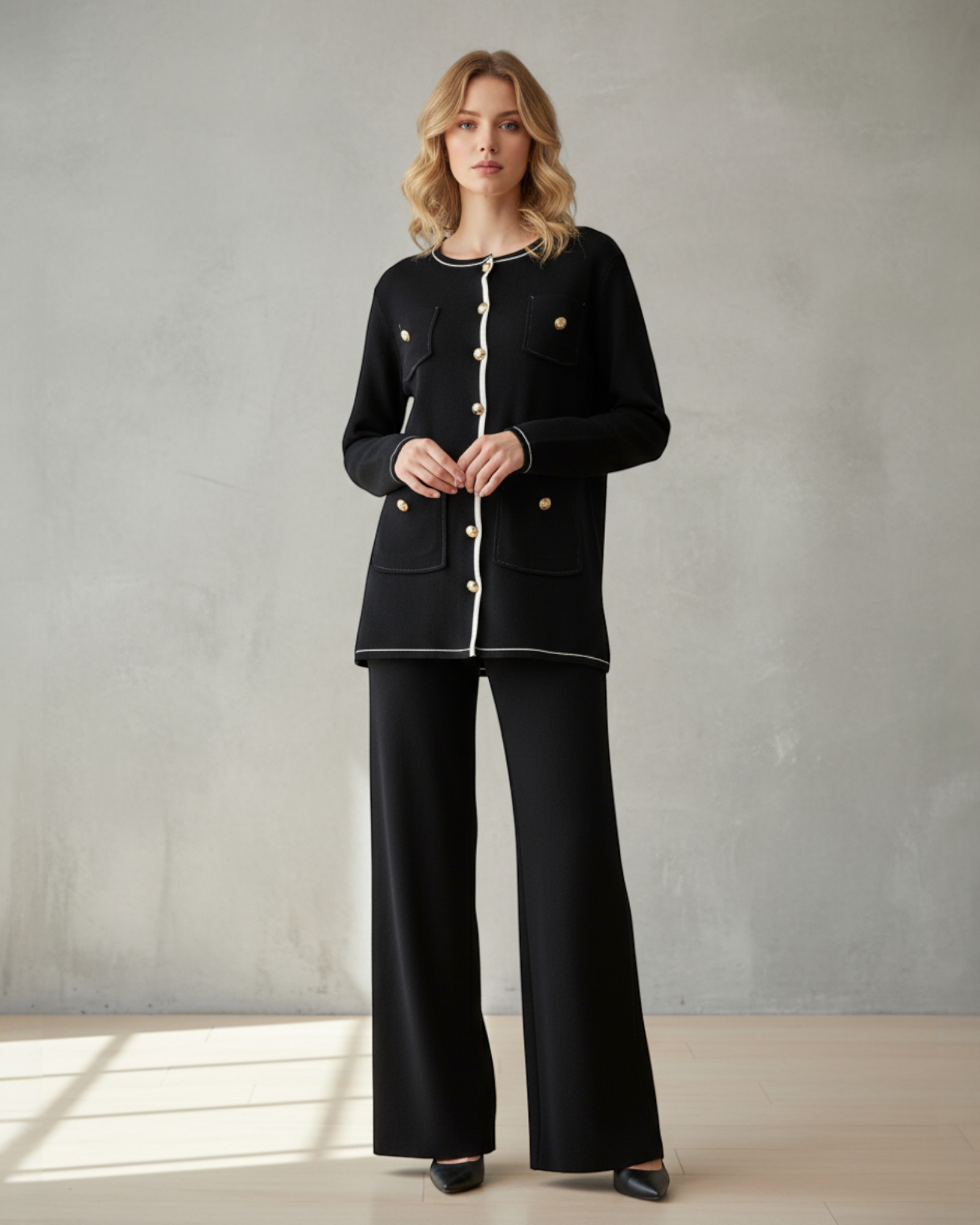 Button-Down Knit Set with Contrast Piping