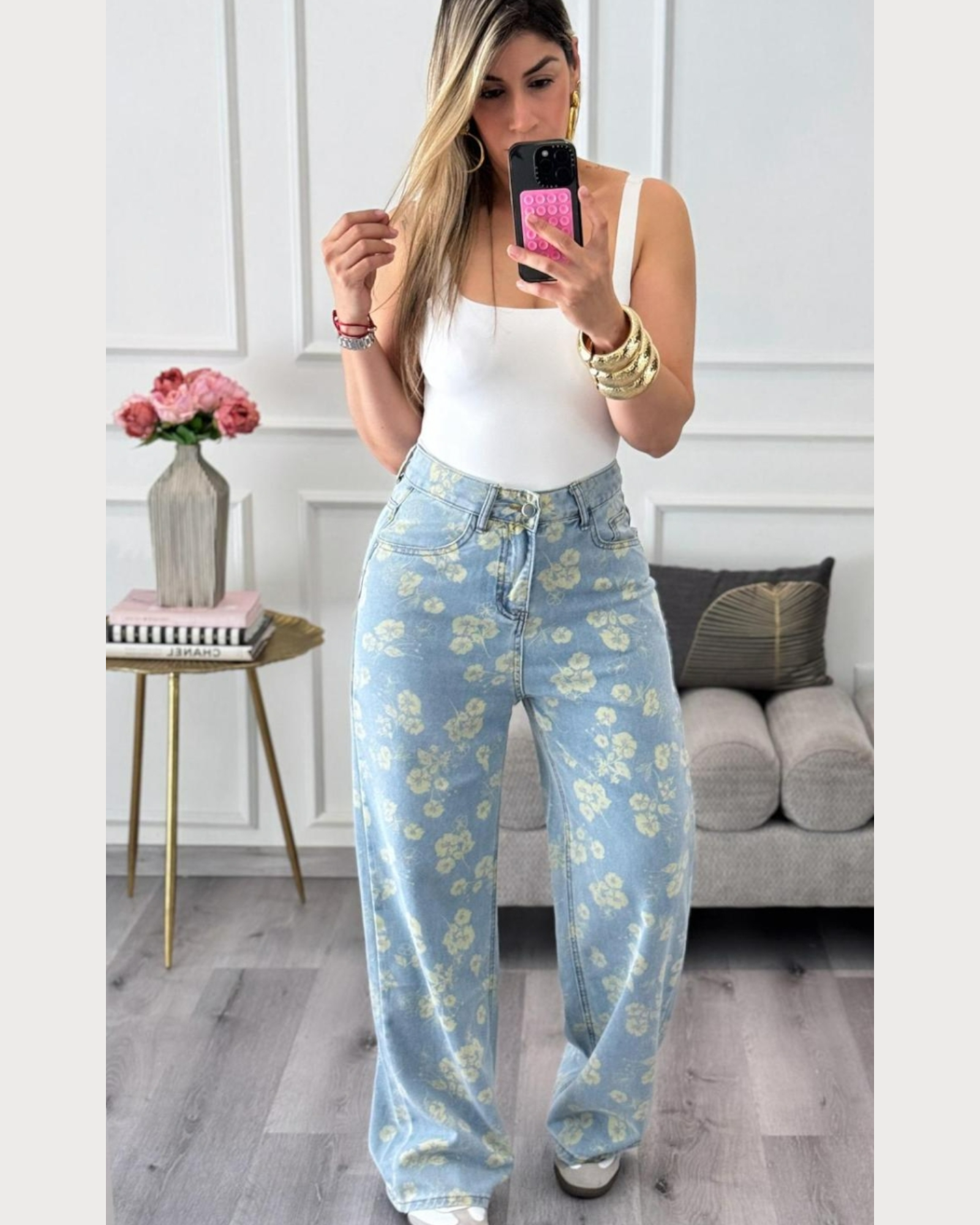 Chic Floral Print Wide Leg Jeans
