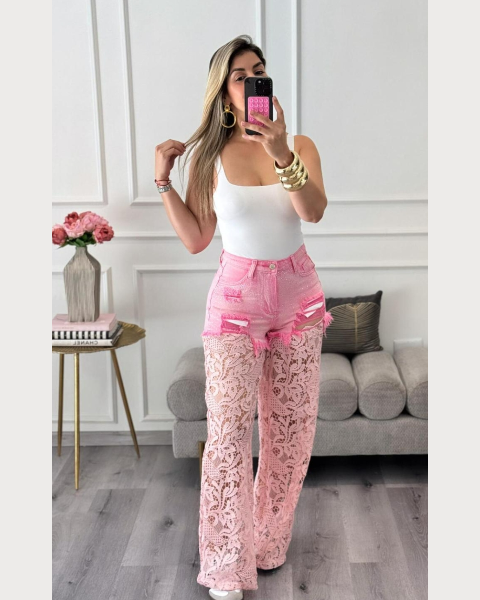 Chic Lace Overlay Denim Pants