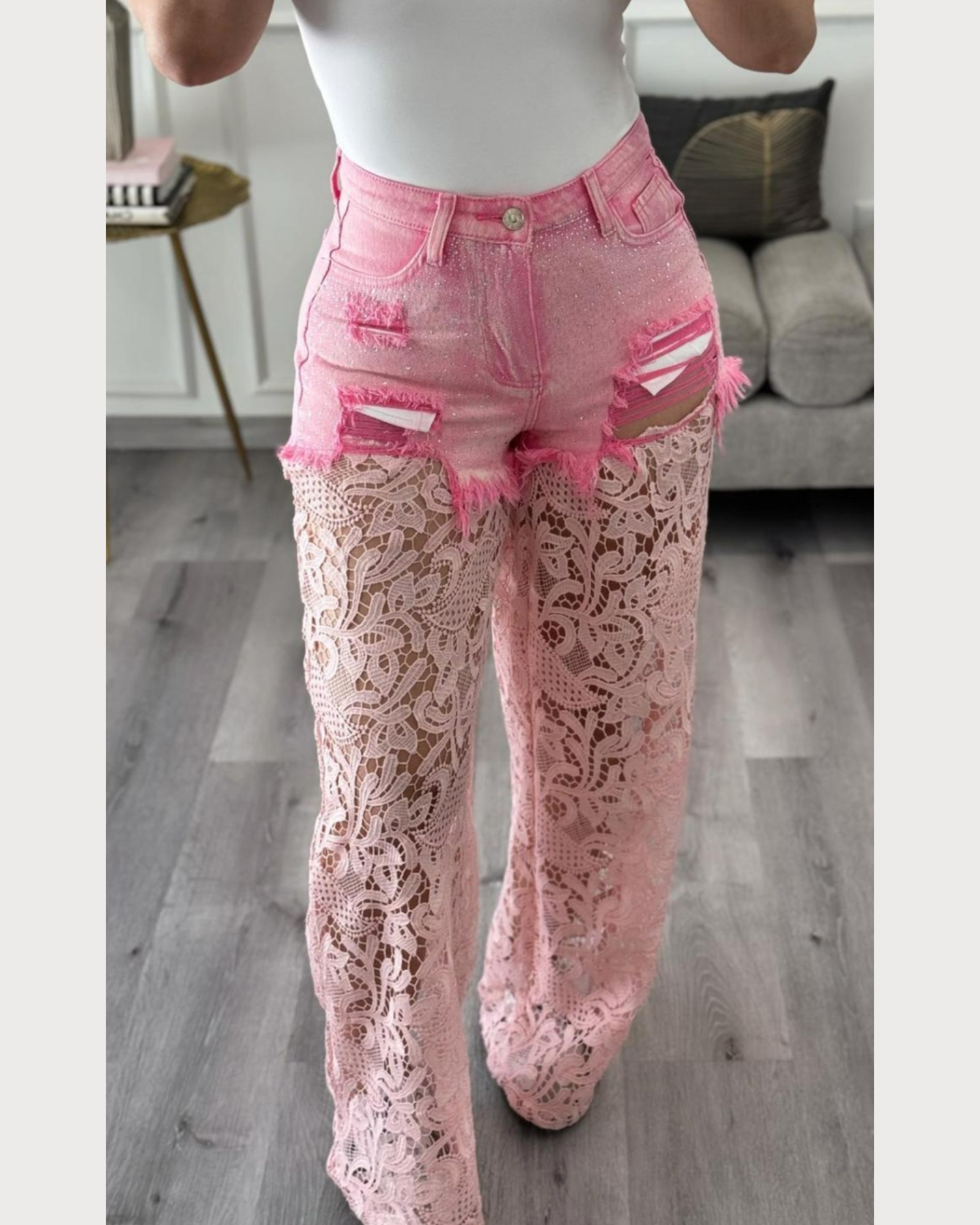 Chic Lace Overlay Denim Pants