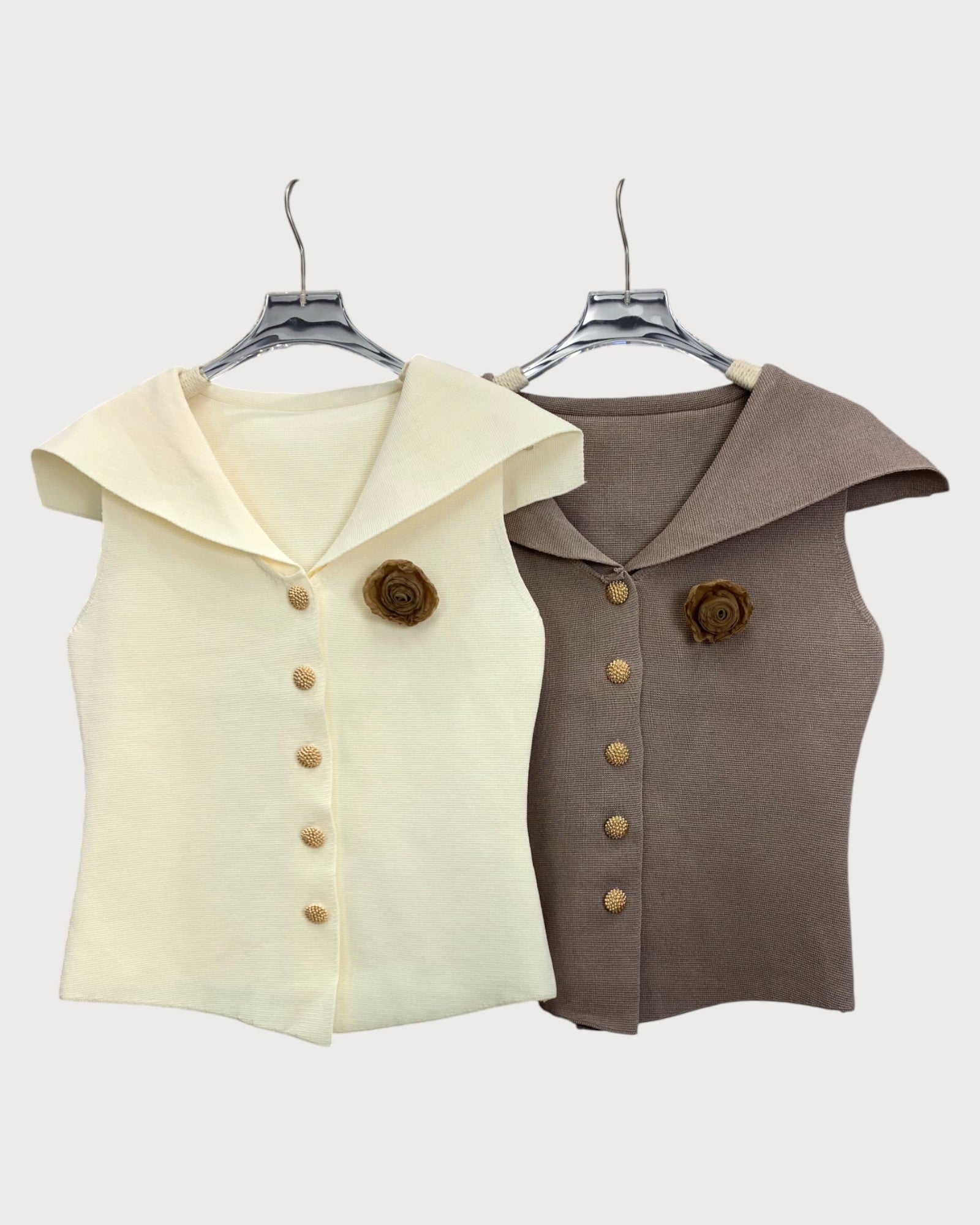 Collared Button Vest with Floral Accent