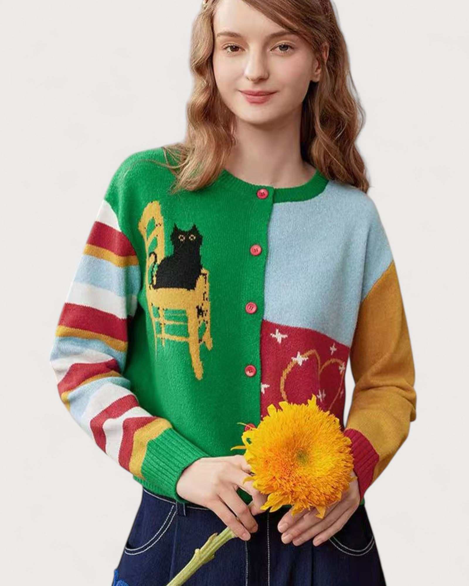 Colorblock Cat Chair Graphic Knit Cardigan