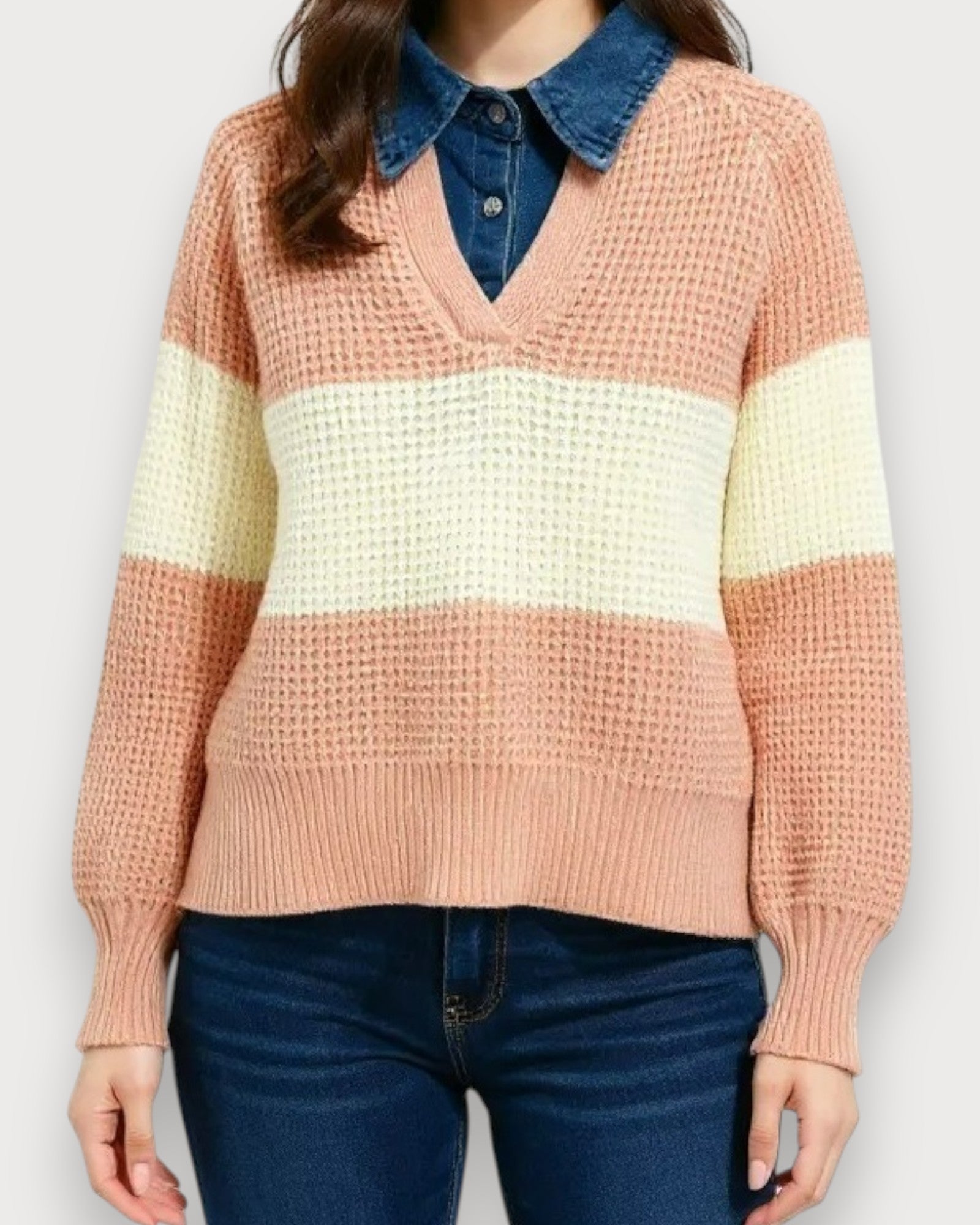 Colorblock Textured V-Neck Sweater