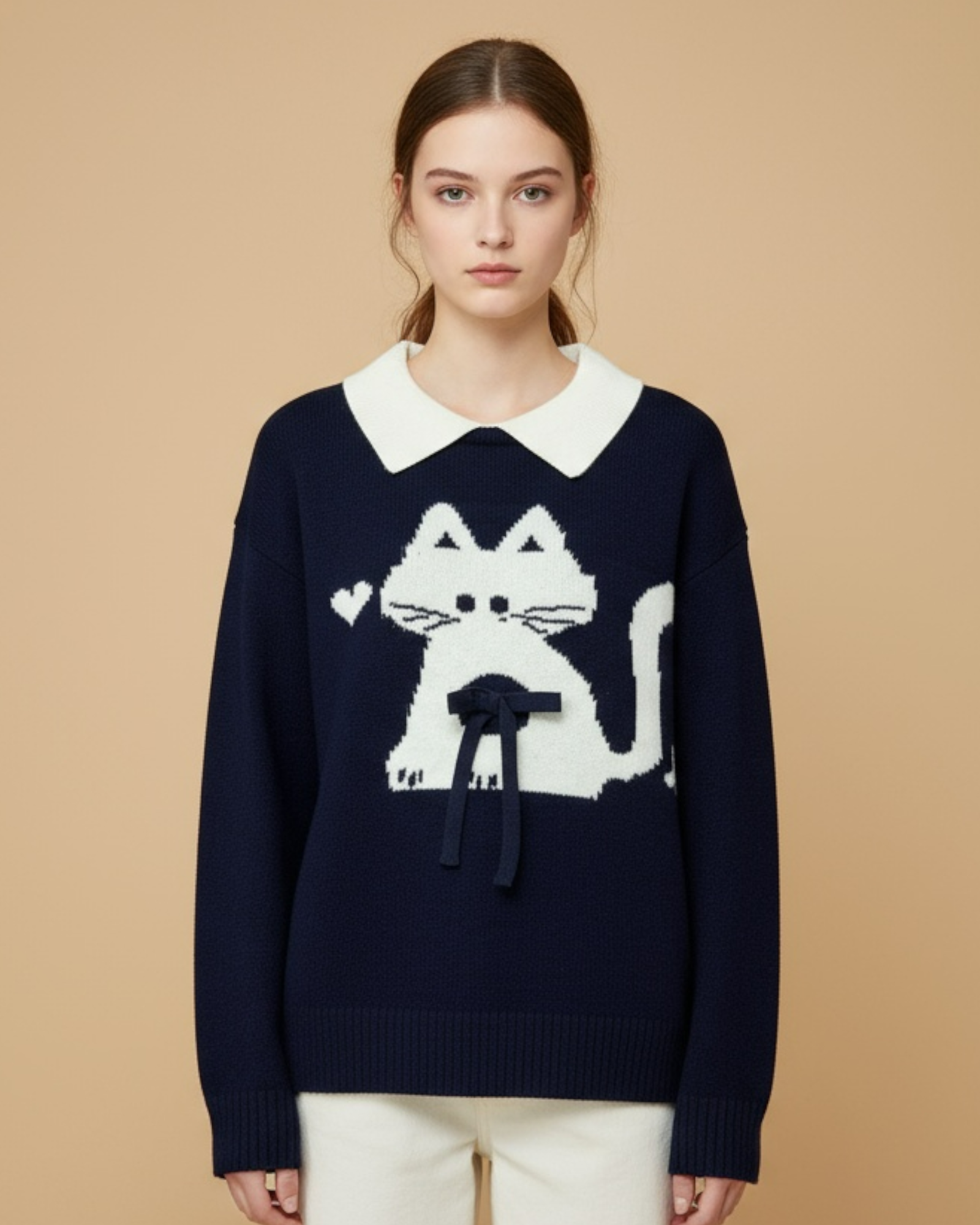 Contrast Collar Cat Graphic Sweater