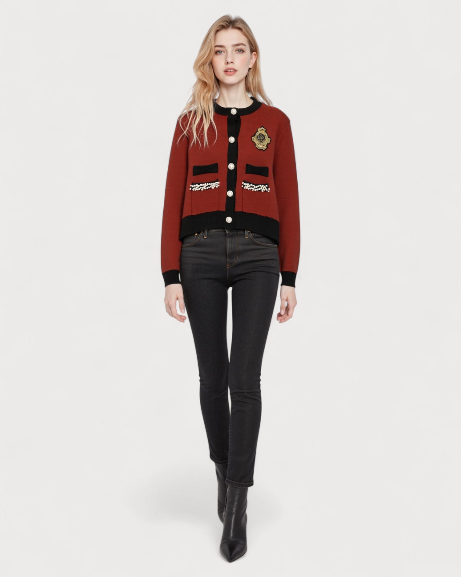 Contrast Trim Crest Knit Cardigan