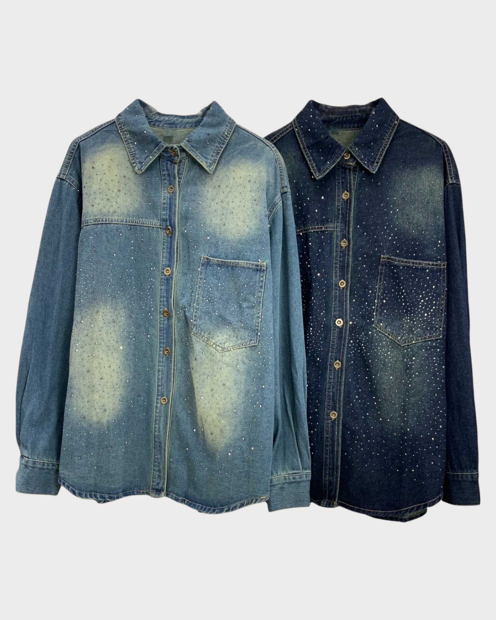 Denim Button-Up Shirt with Rhinestone Detailing