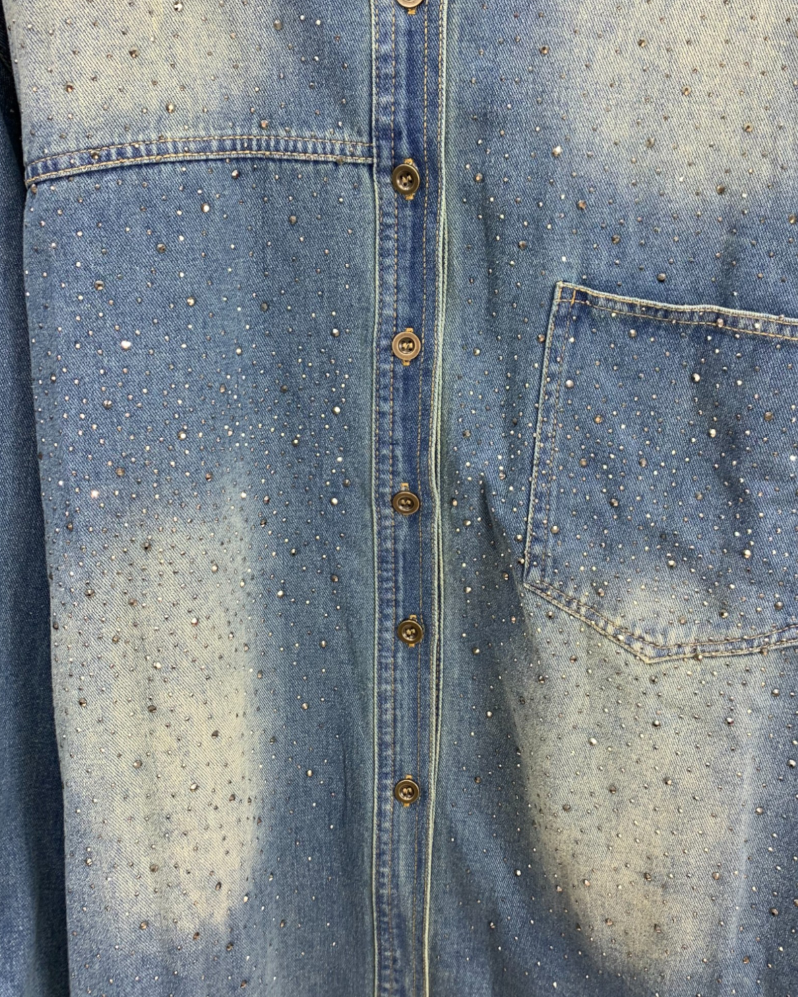 Denim Button-Up Shirt with Rhinestone Detailing