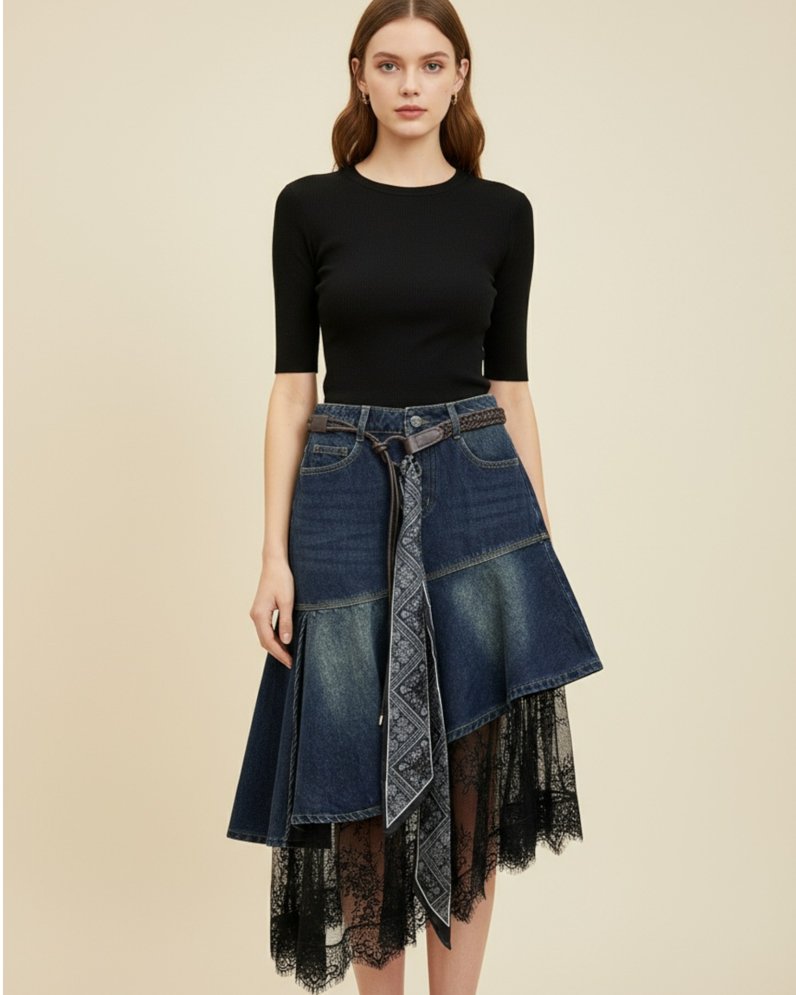Denim Skirt with Lace Hem