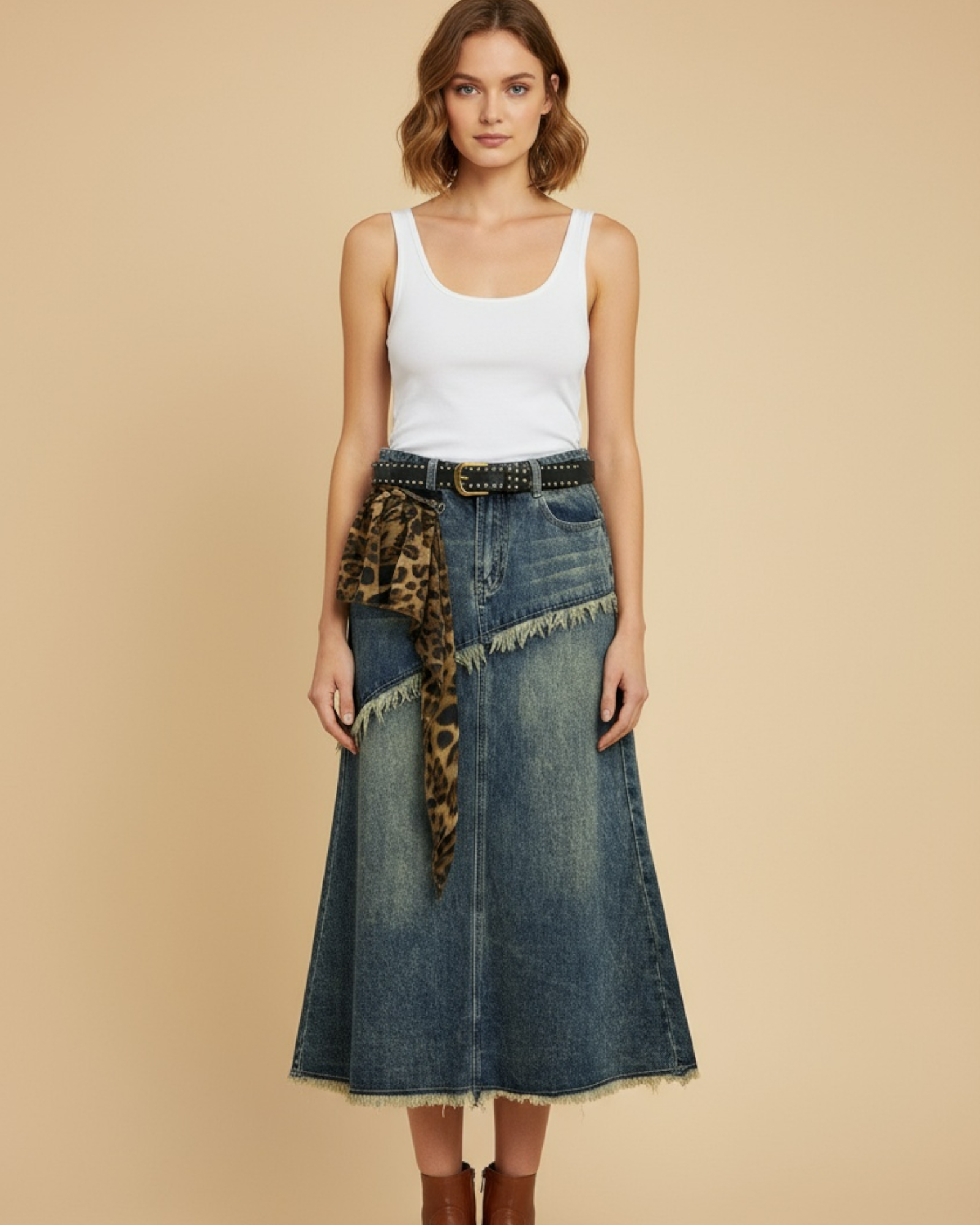 Denim Skirt with Leopard Accent