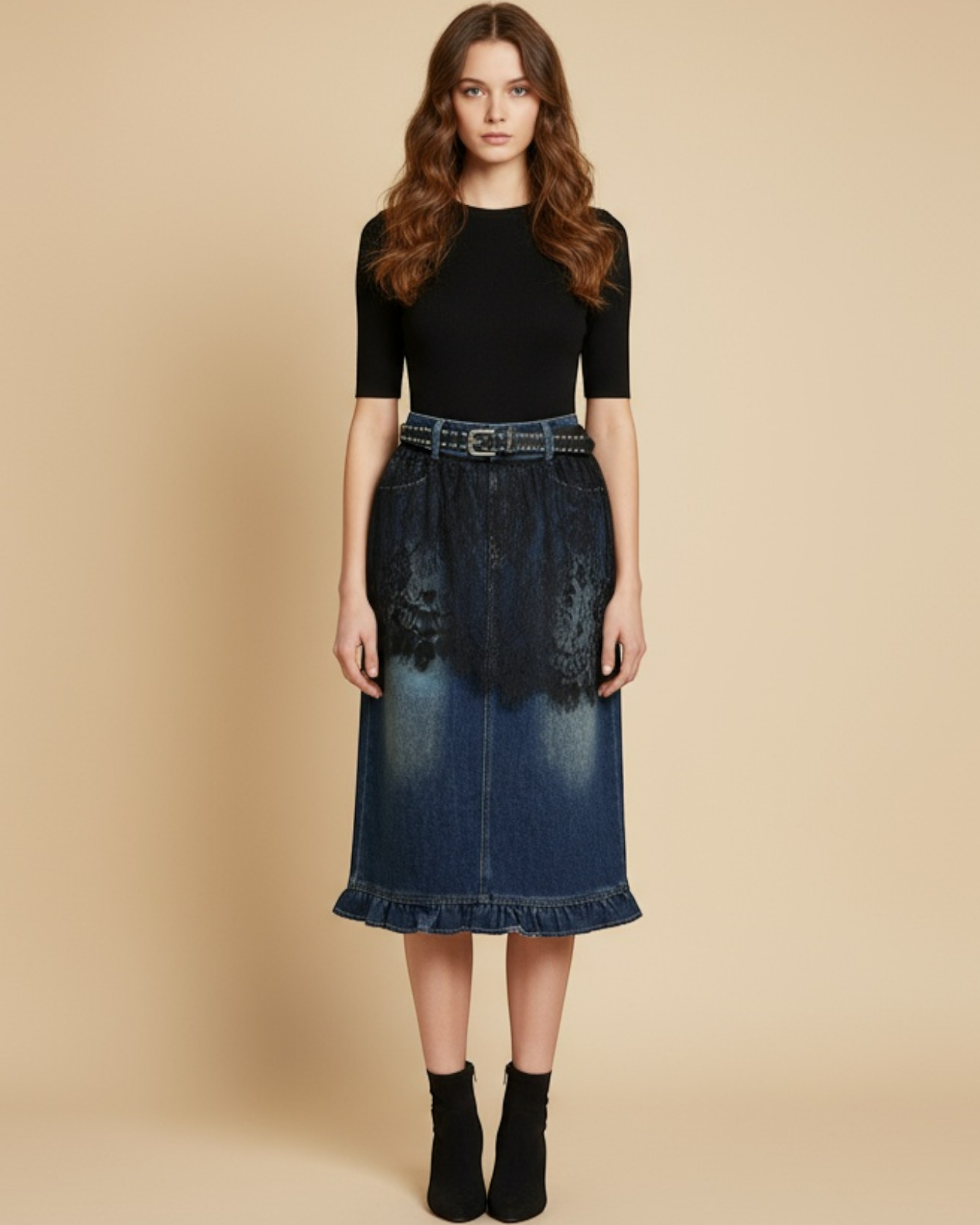 Denim Skirt with Sheer Overlay