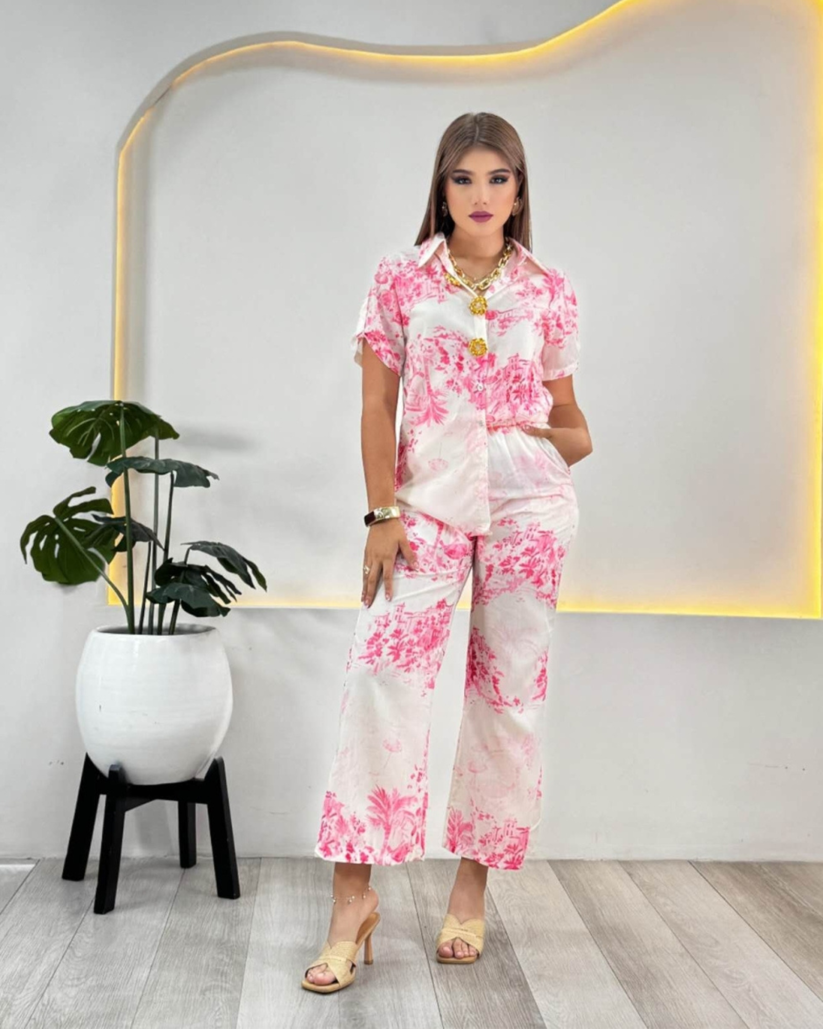 Pink Floral Print Satin Shirt & Pants Set