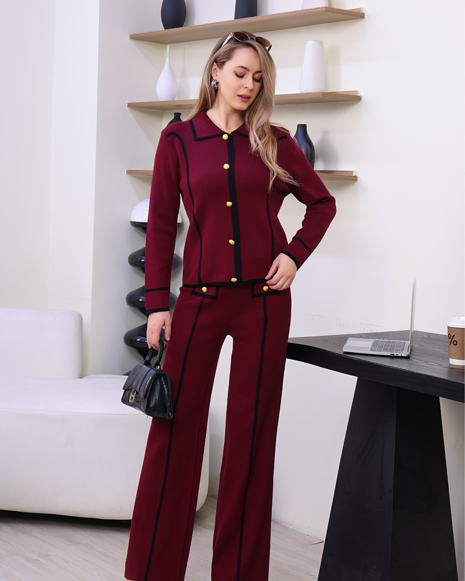 Tailored Burgundy Knit Lounge Sets with Contrast Trim