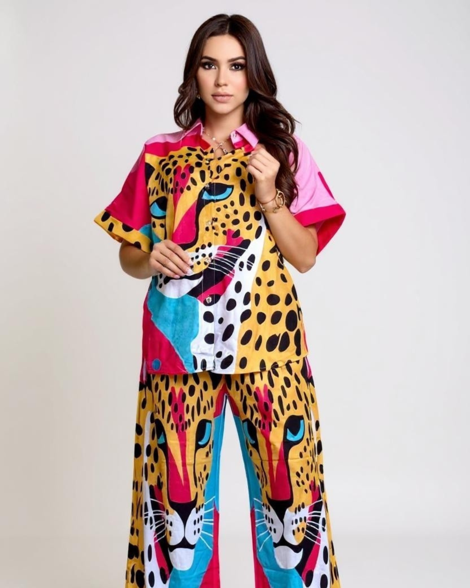 Bold Leopard Print Two-Piece Shirt and Pants Set