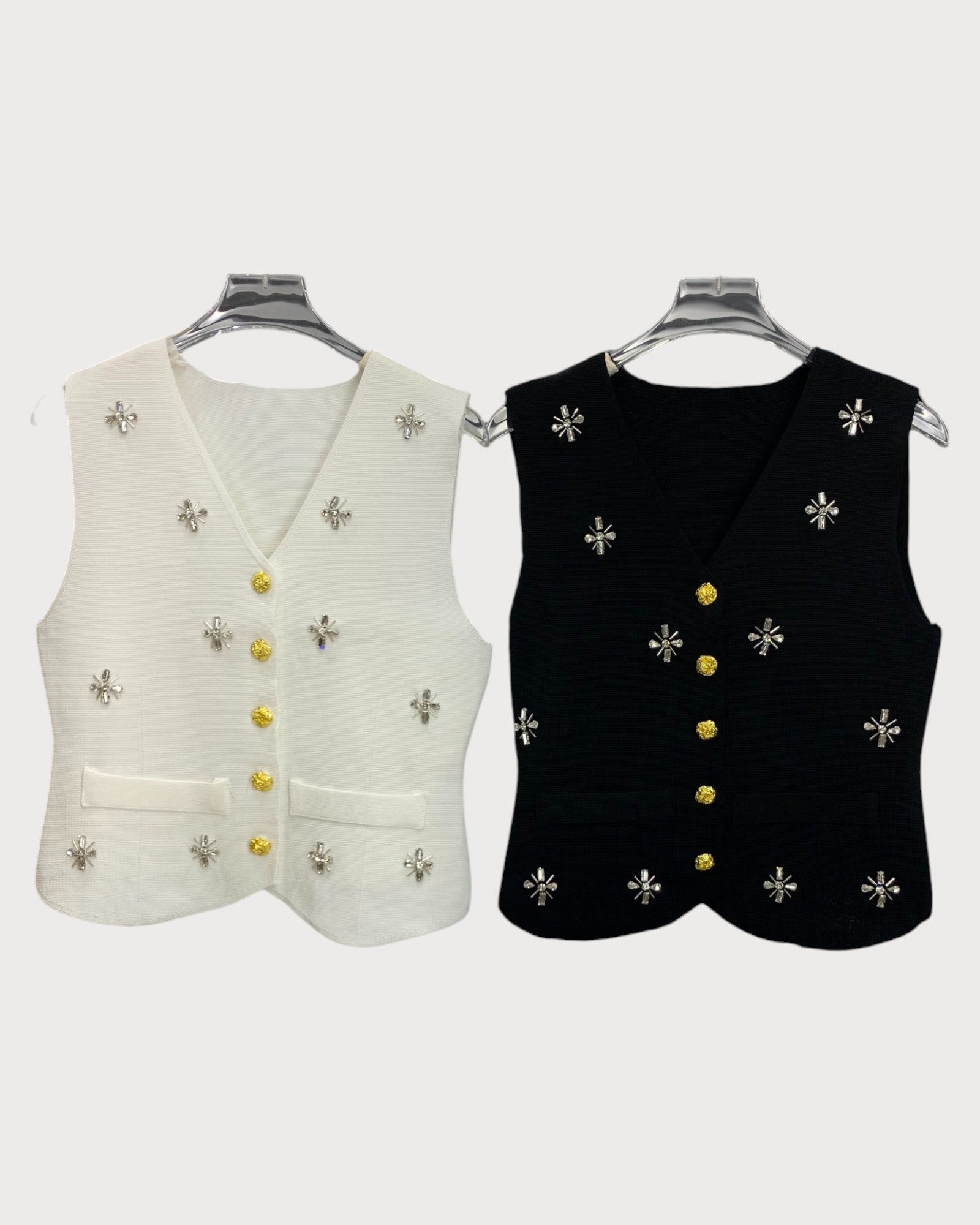 Embellished Knit Vest with Gold Button Detail