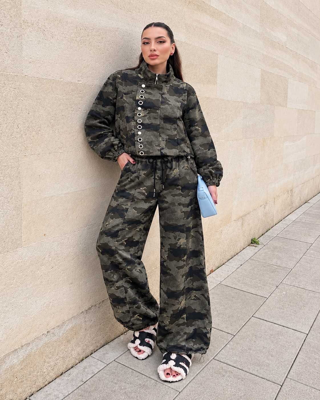 Camo Drawstring Wide Leg Pants