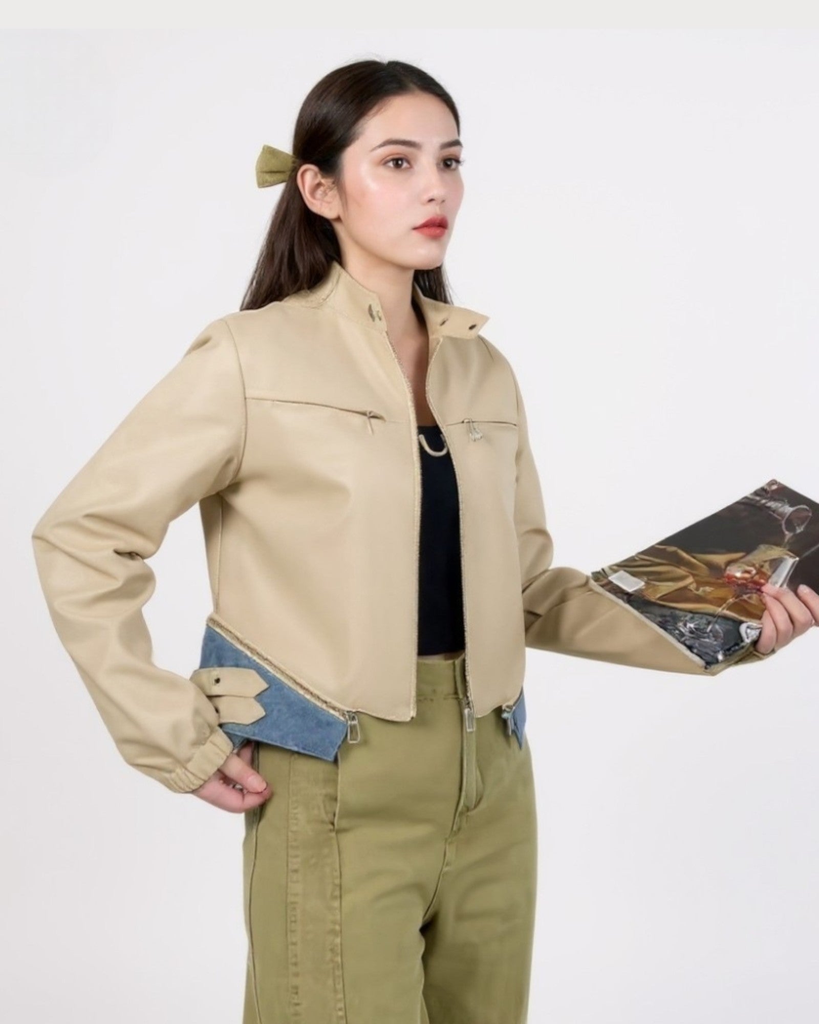 Faux Leather Cropped Jacket with Denim Contrast Trim